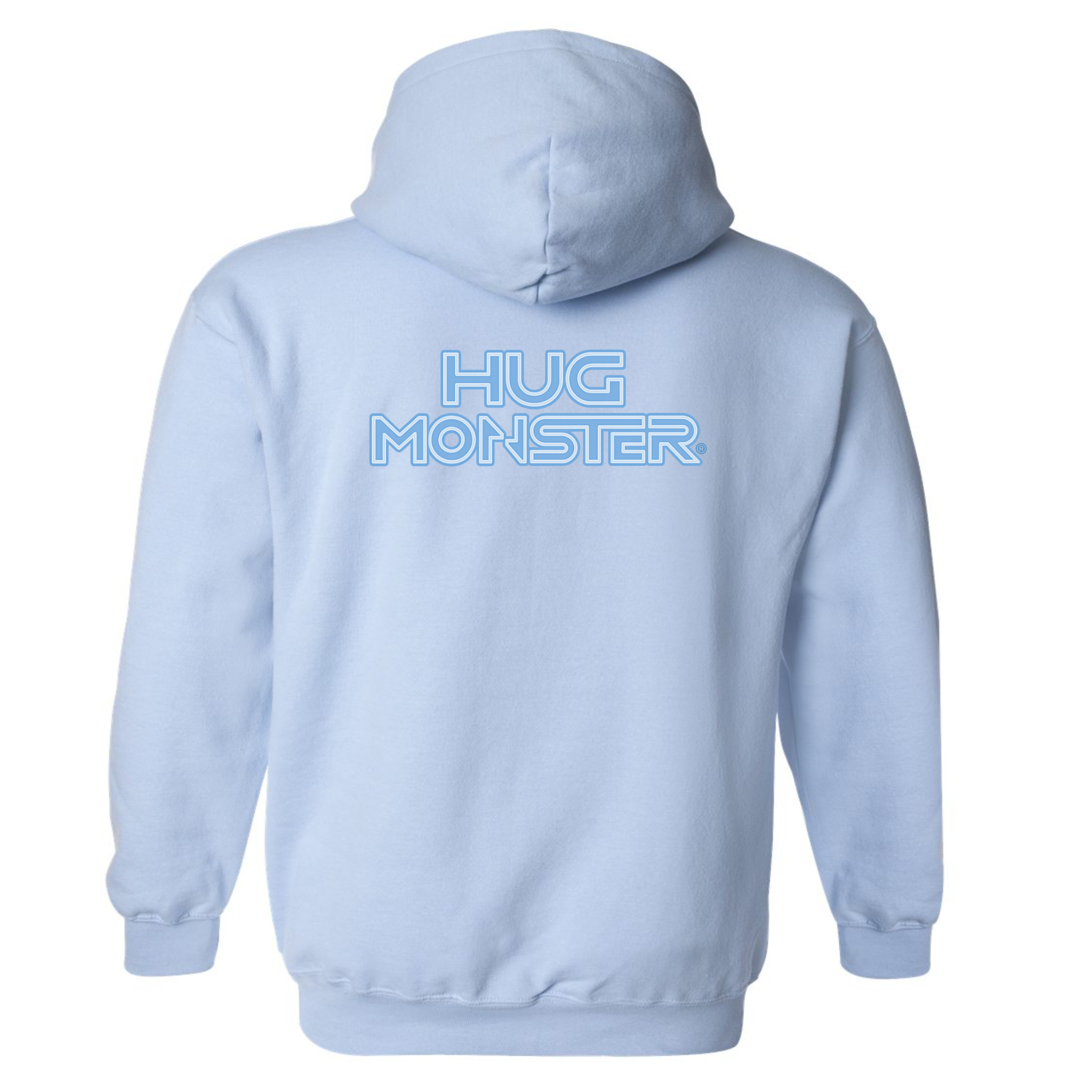 Hug Monster Electric Grid (Chalk Blue Logo) graphic hoodie in Baby Blue cozy fleece positive message sweatshirt