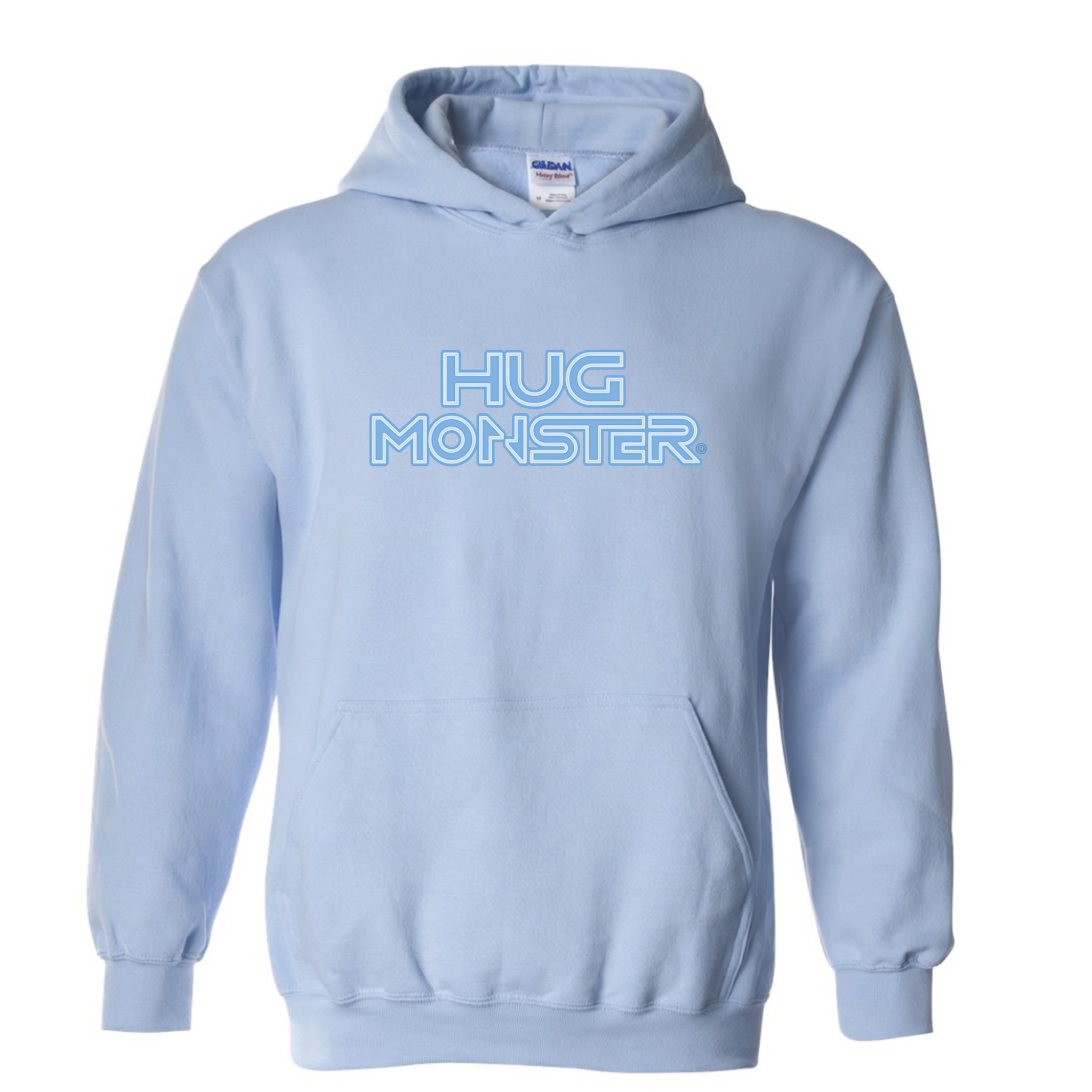 Hug Monster Electric Grid (Chalk Blue Logo) graphic hoodie in Baby Blue cozy fleece positive message sweatshirt 