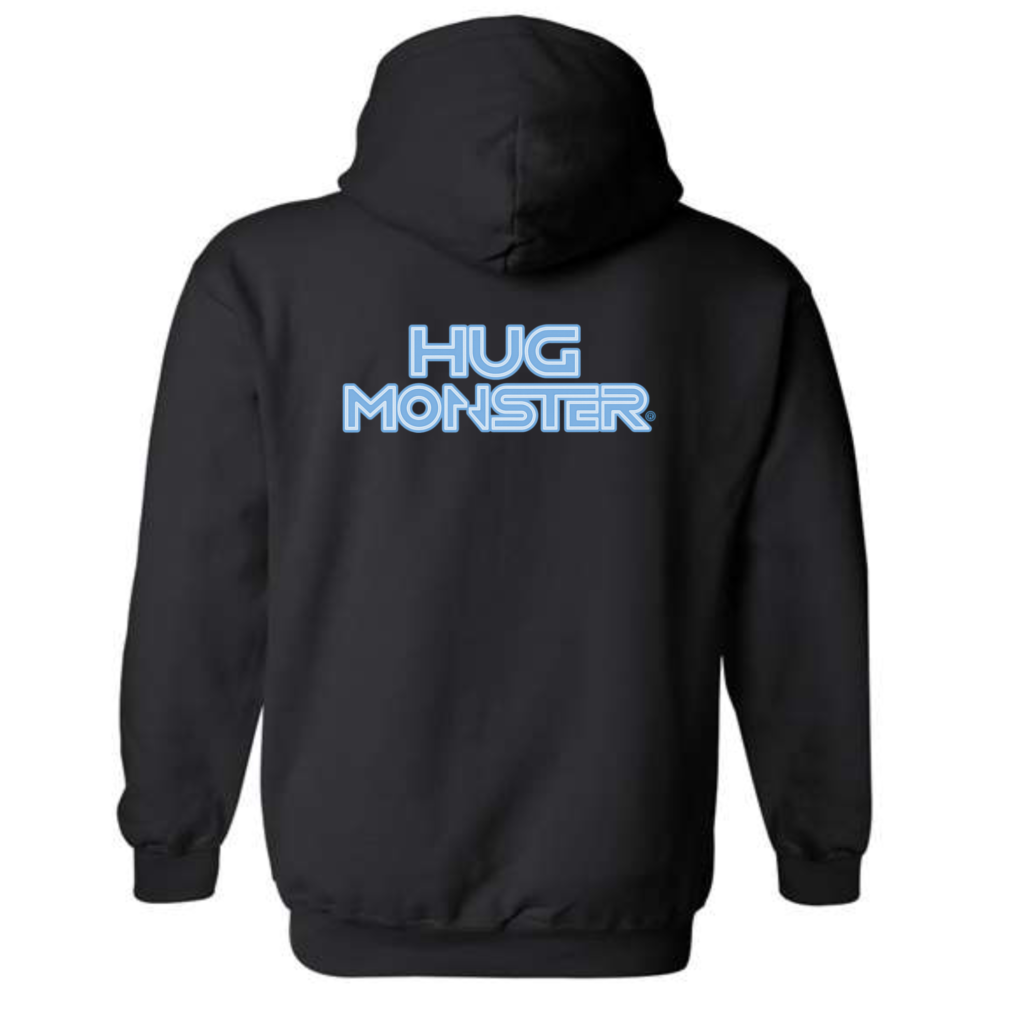 Hug Monster Electric Grid (Chalk Blue Logo) graphic hoodie in Black cozy fleece positive message sweatshirt 
