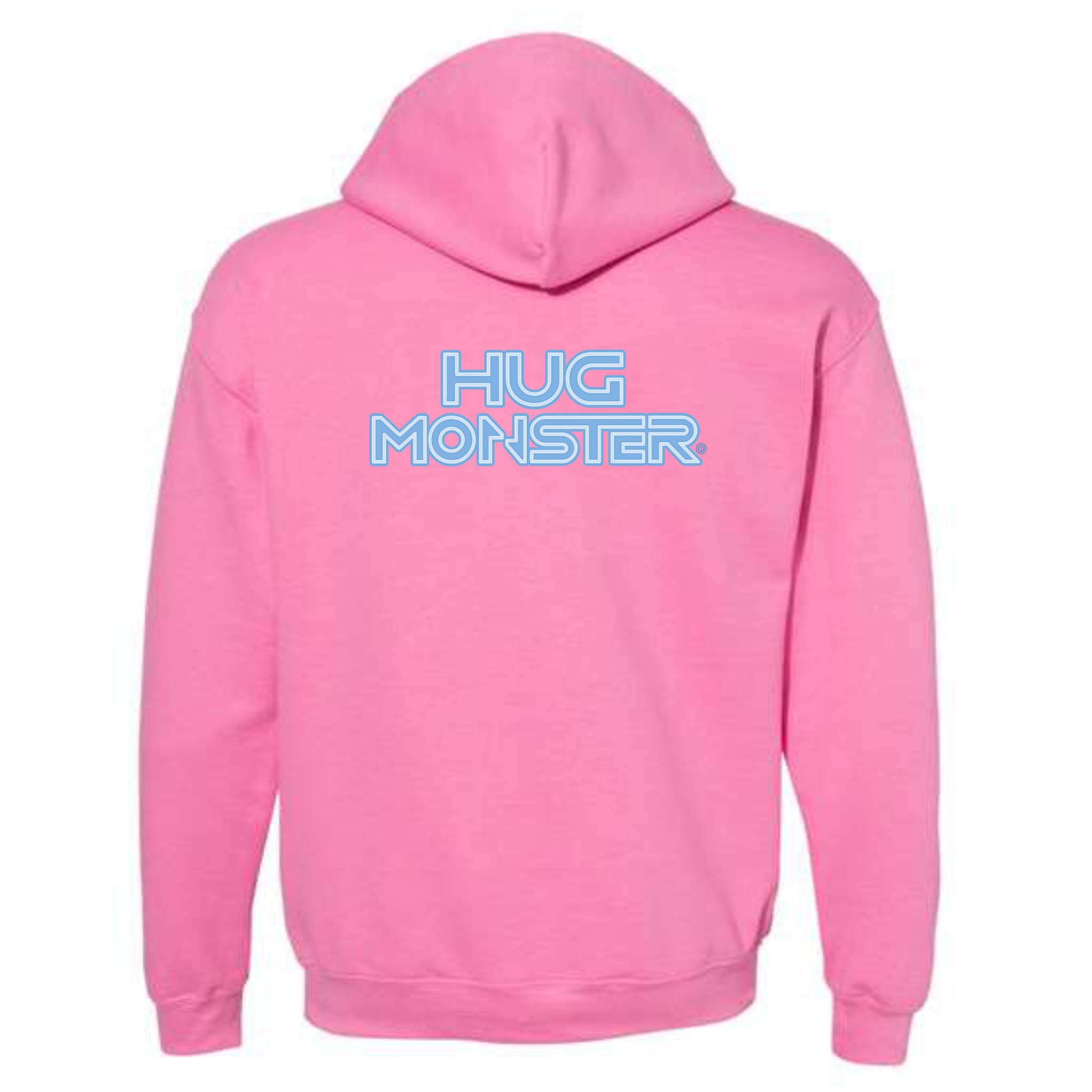 Hug Monster Electric Grid (Chalk Blue Logo) graphic hoodie in Bright Soft Rose Pink cozy fleece positive message sweatshirt 