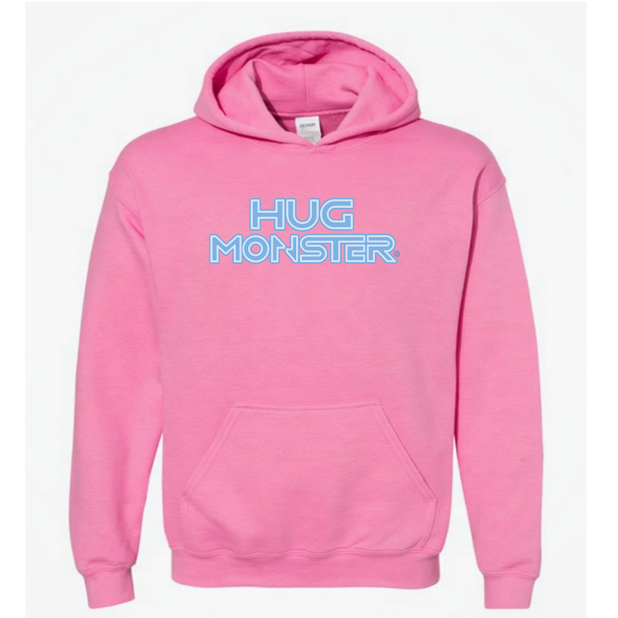 Hug Monster Electric Grid (Chalk Blue Logo) graphic hoodie in Bright Soft Rose Pink cozy fleece positive message sweatshirt 