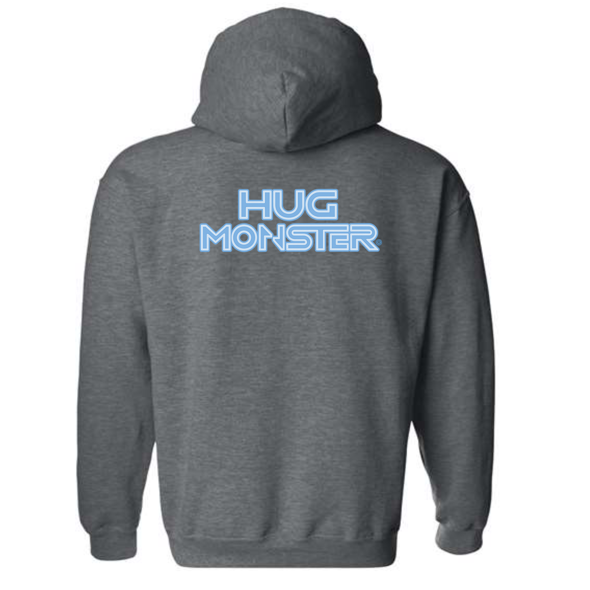 Hug Monster Electric Grid (Chalk Blue Logo) graphic hoodie in Dark Heather Grey cozy fleece positive message sweatshirt 