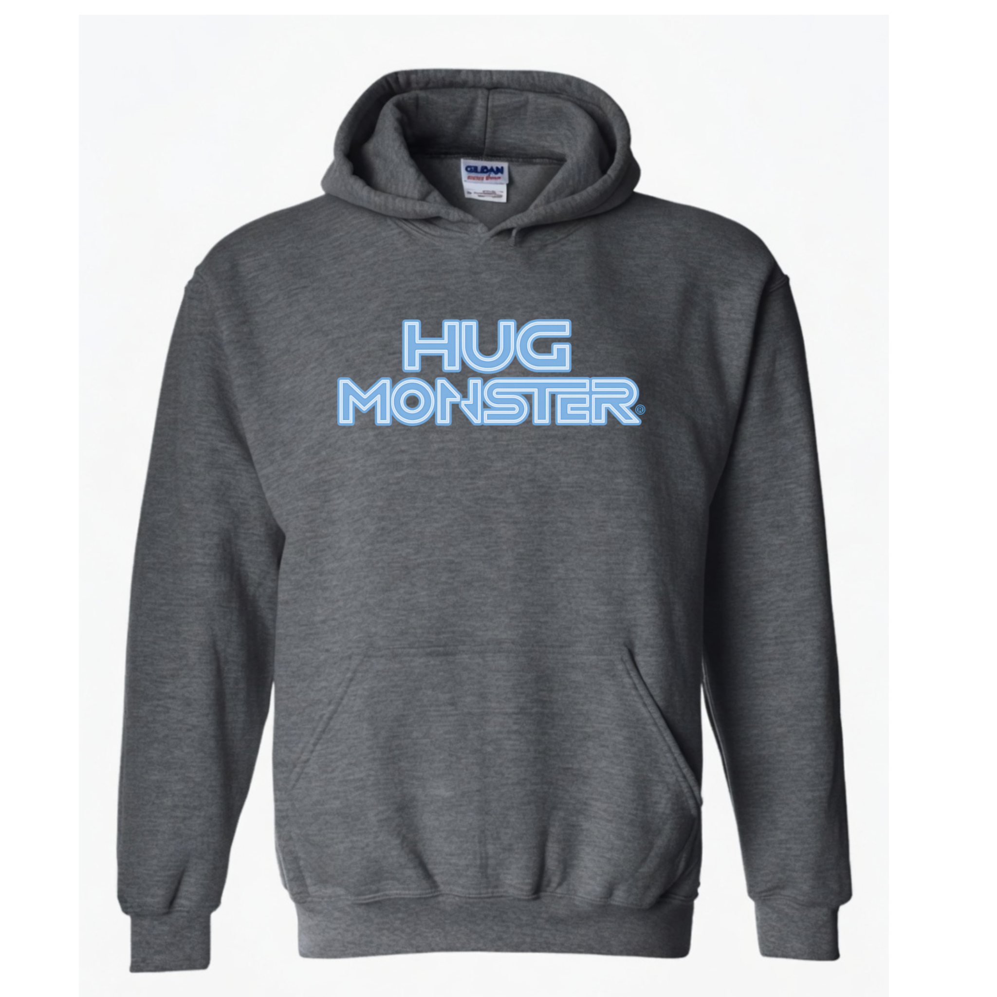 Hug Monster Electric Grid (Chalk Blue Logo) graphic hoodie in Dark Heather Grey cozy fleece positive message sweatshirt 