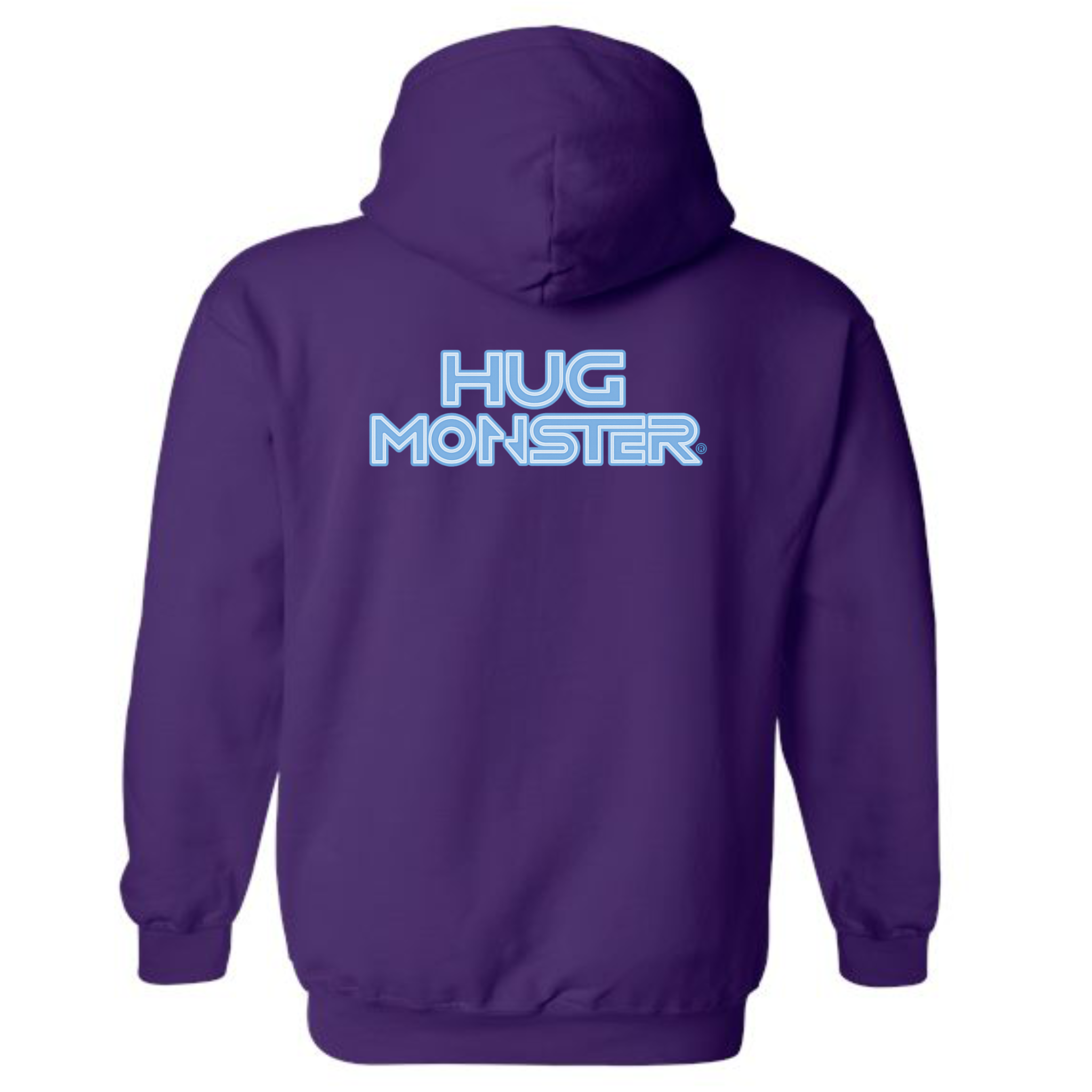 Hug Monster Electric Grid (Chalk Blue Logo) graphic hoodie in Purple cozy fleece positive message sweatshirt 