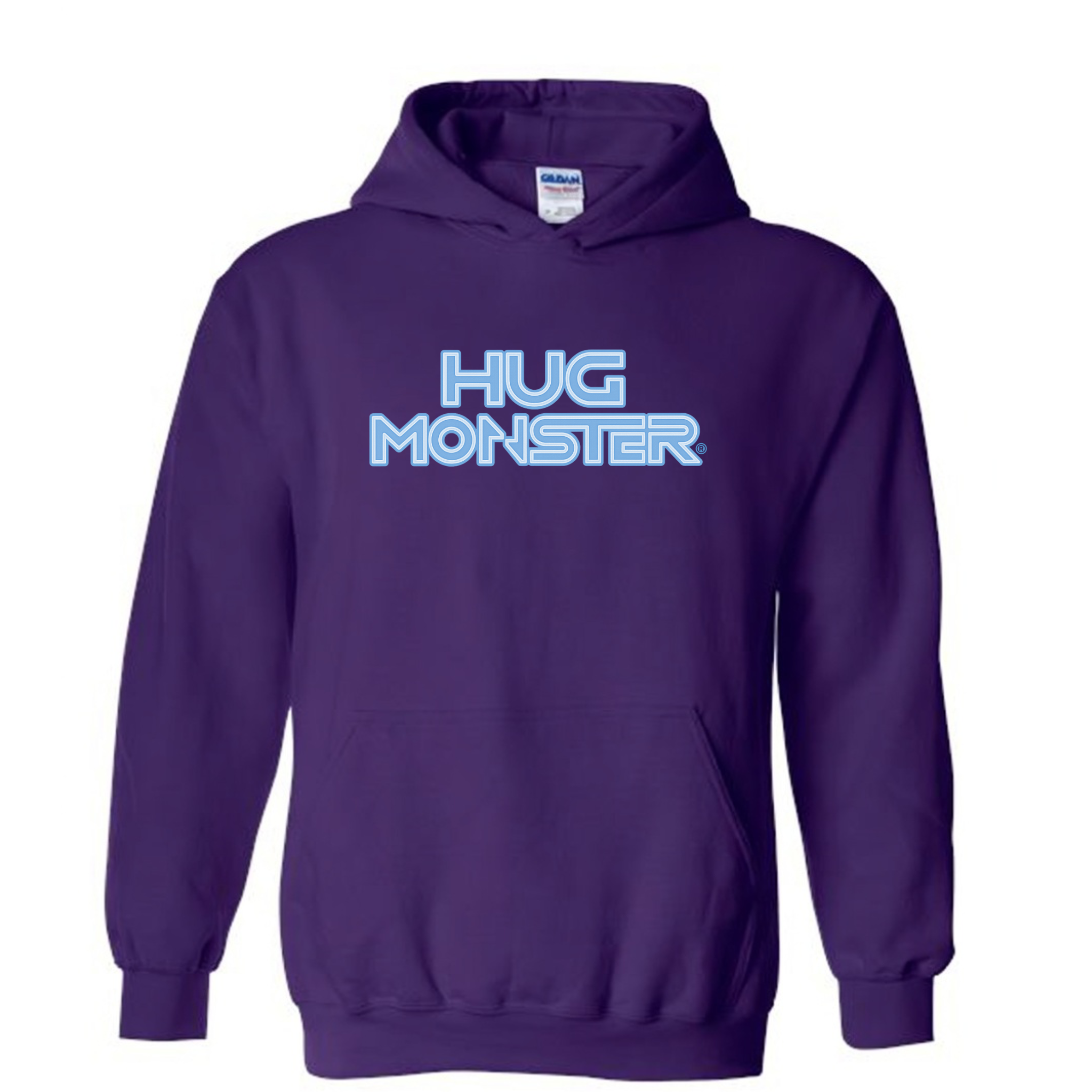 Hug Monster Electric Grid (Chalk Blue Logo) graphic hoodie in Purple cozy fleece positive message sweatshirt