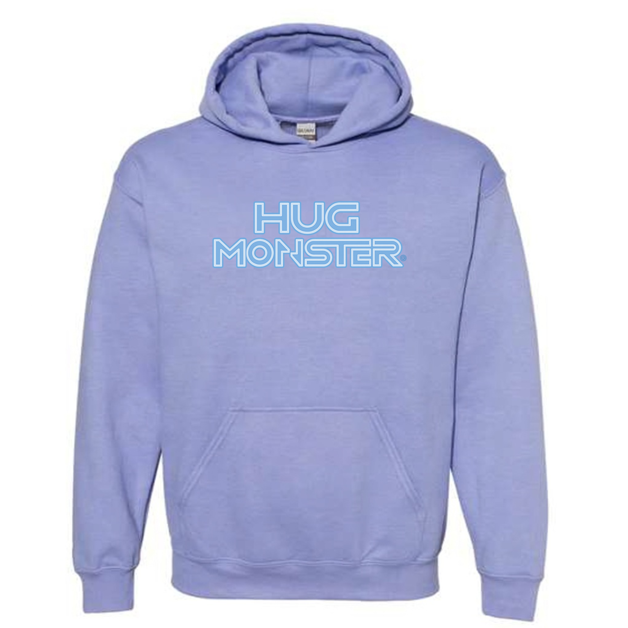 Hug Monster Electric Grid (Chalk Blue Logo) graphic hoodie in Violet cozy fleece positive message sweatshirt