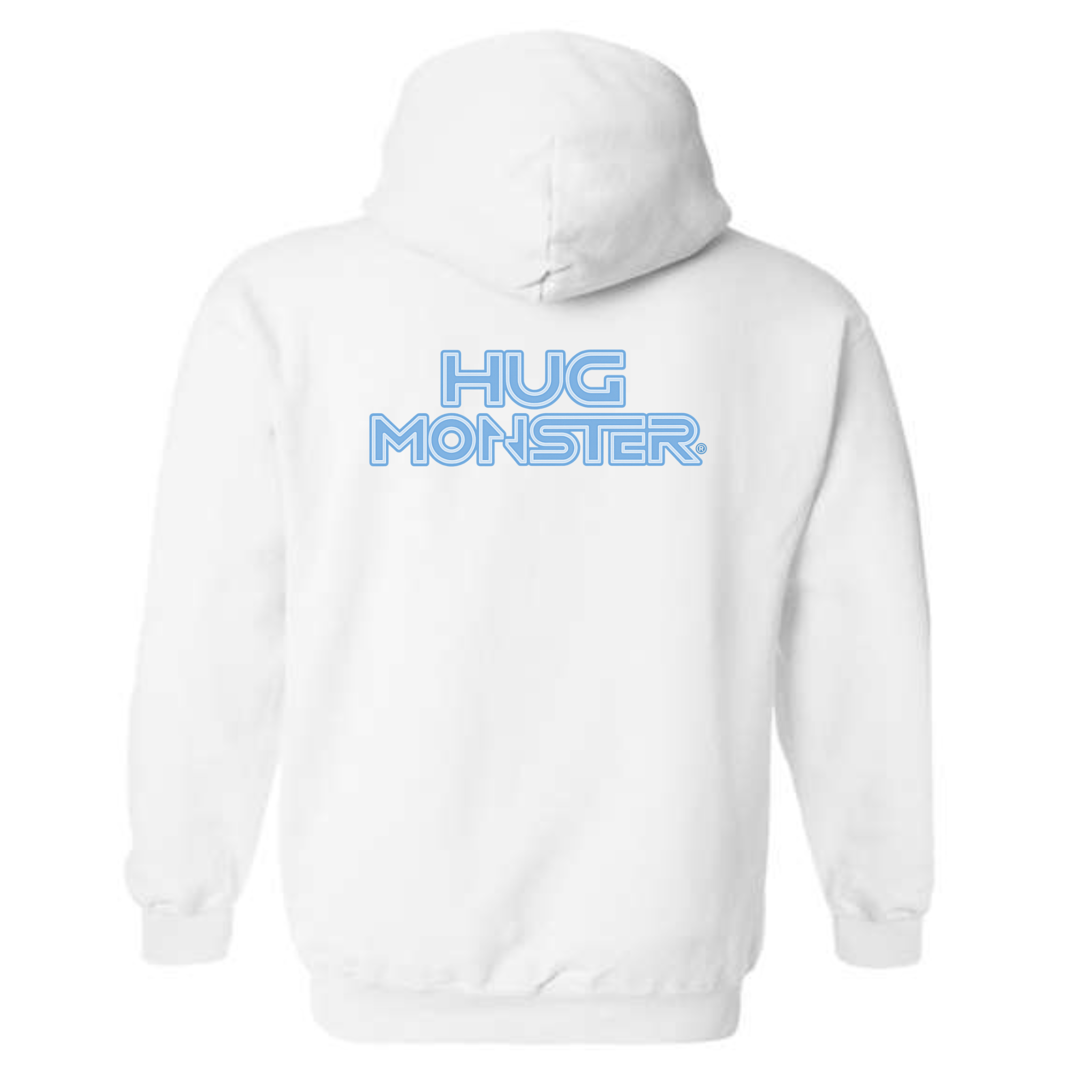 Hug Monster Electric Grid (Chalk Blue Logo) graphic hoodie in White cozy fleece positive message sweatshirt