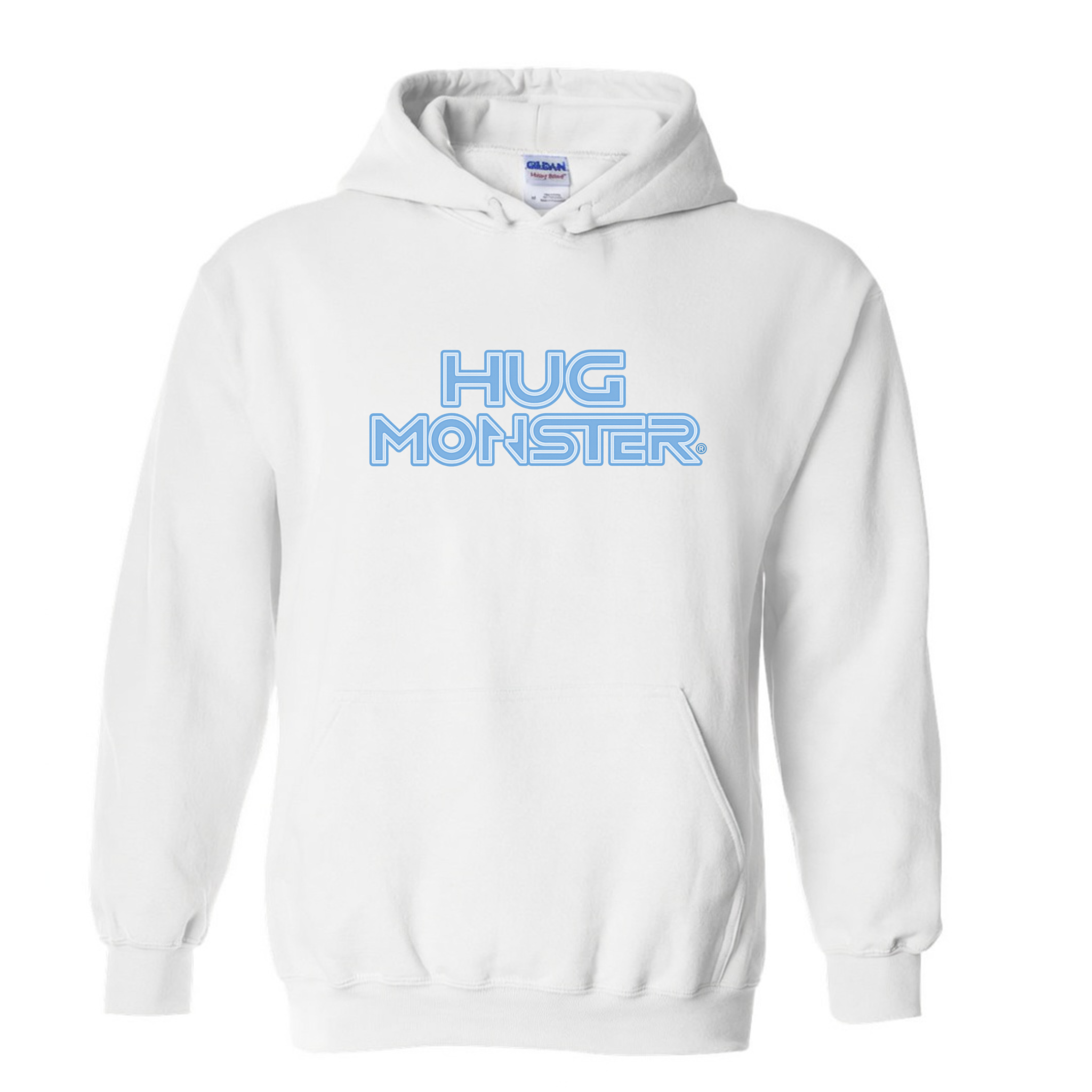 Hug Monster Electric Grid (Chalk Blue Logo) graphic hoodie in White cozy fleece positive message sweatshirt 