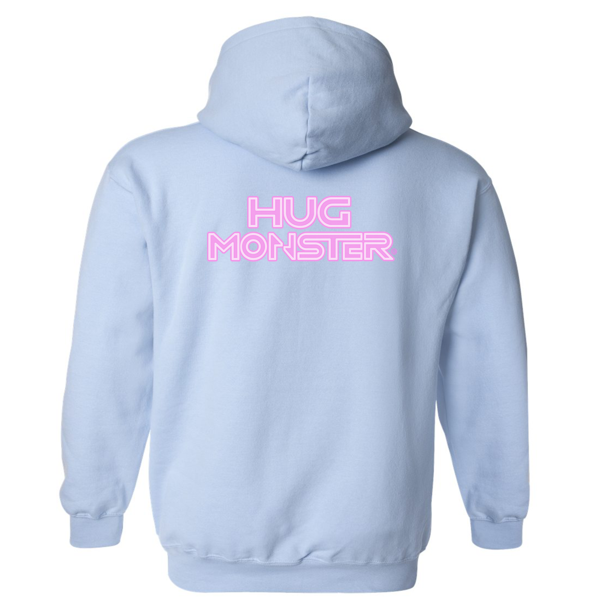 Hug Monster Electric Grid (Chalk Pink Logo) graphic hoodie in Baby Blue cozy fleece positive message sweatshirt