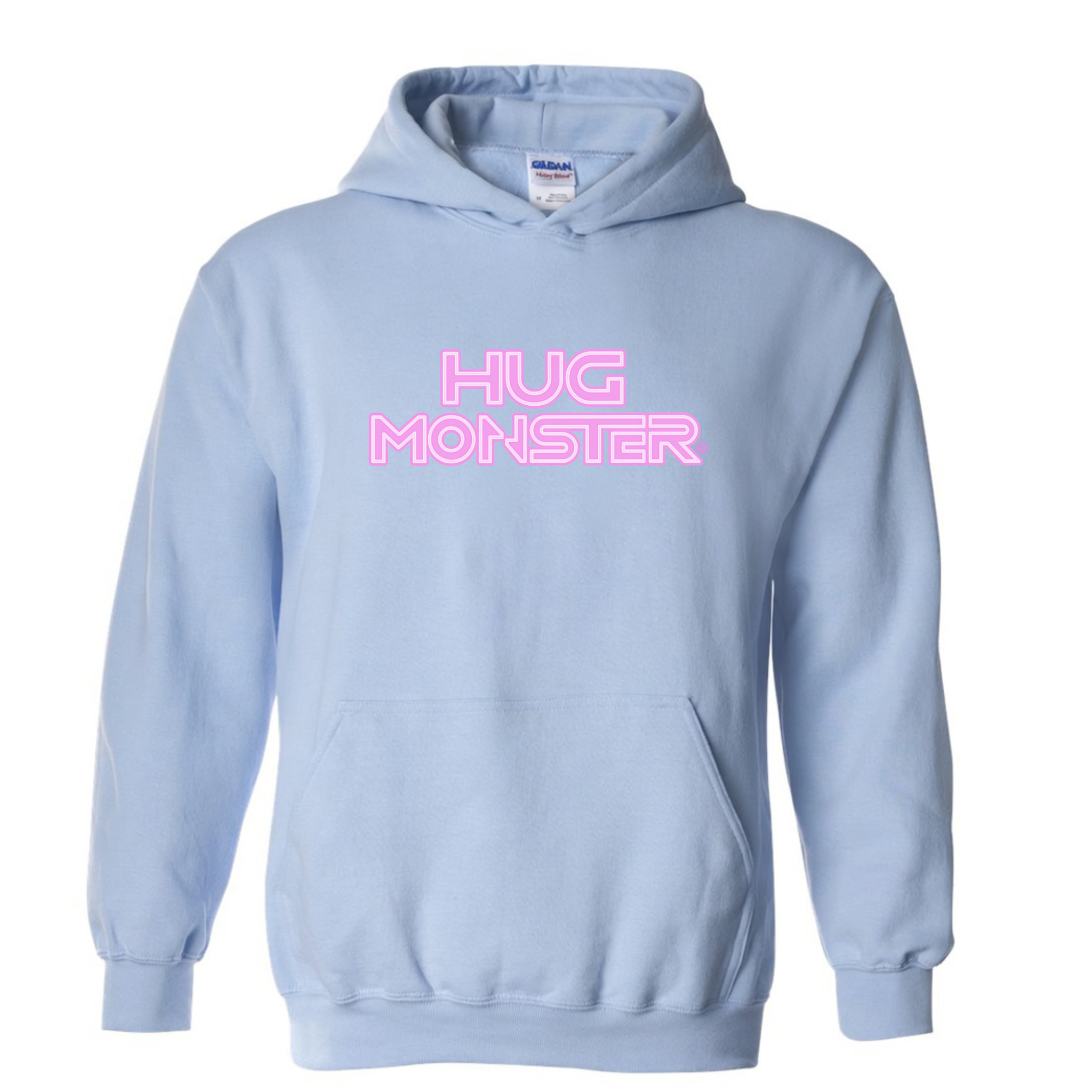 Hug Monster Electric Grid (Chalk Pink Logo) graphic hoodie in Baby Blue cozy fleece positive message sweatshirt