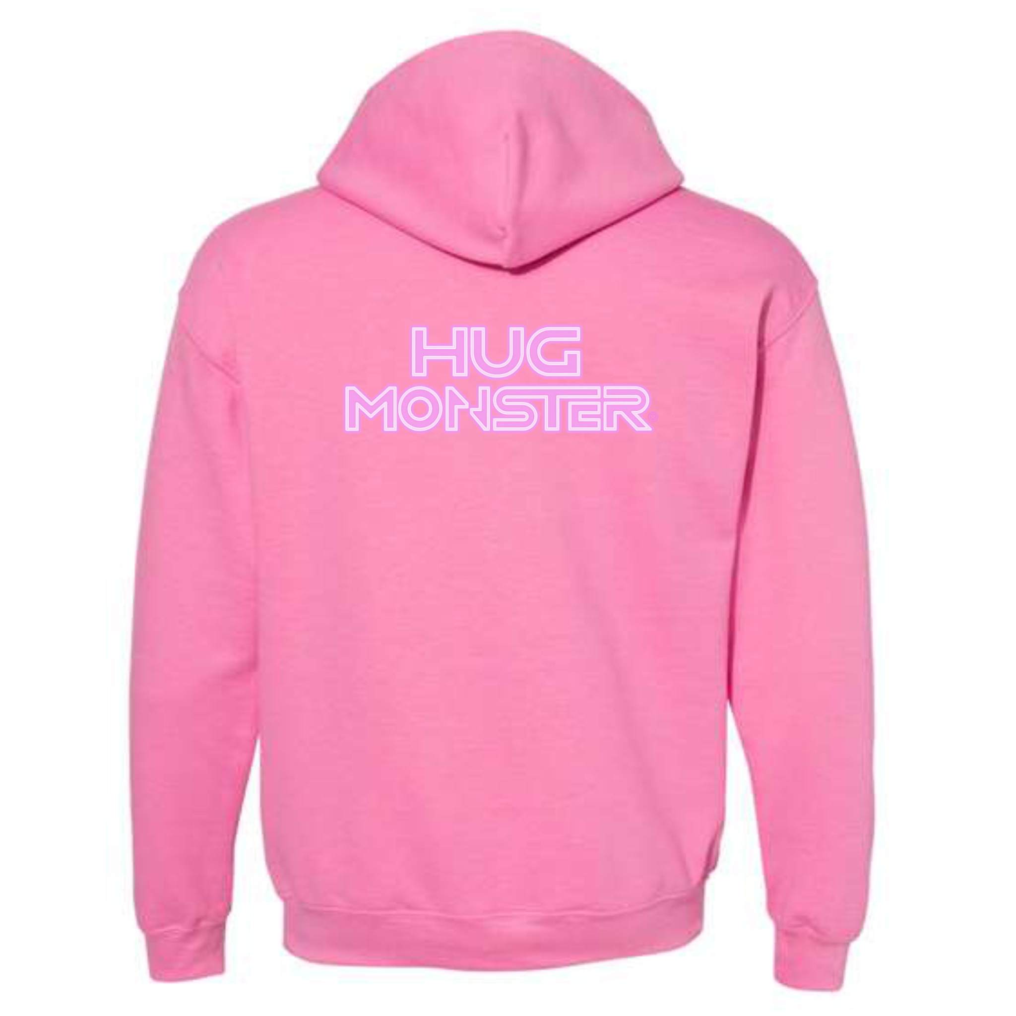 Hug Monster Electric Grid (Chalk Pink Logo) graphic hoodie in Bright Soft Rose Pink cozy fleece positive message sweatshirt