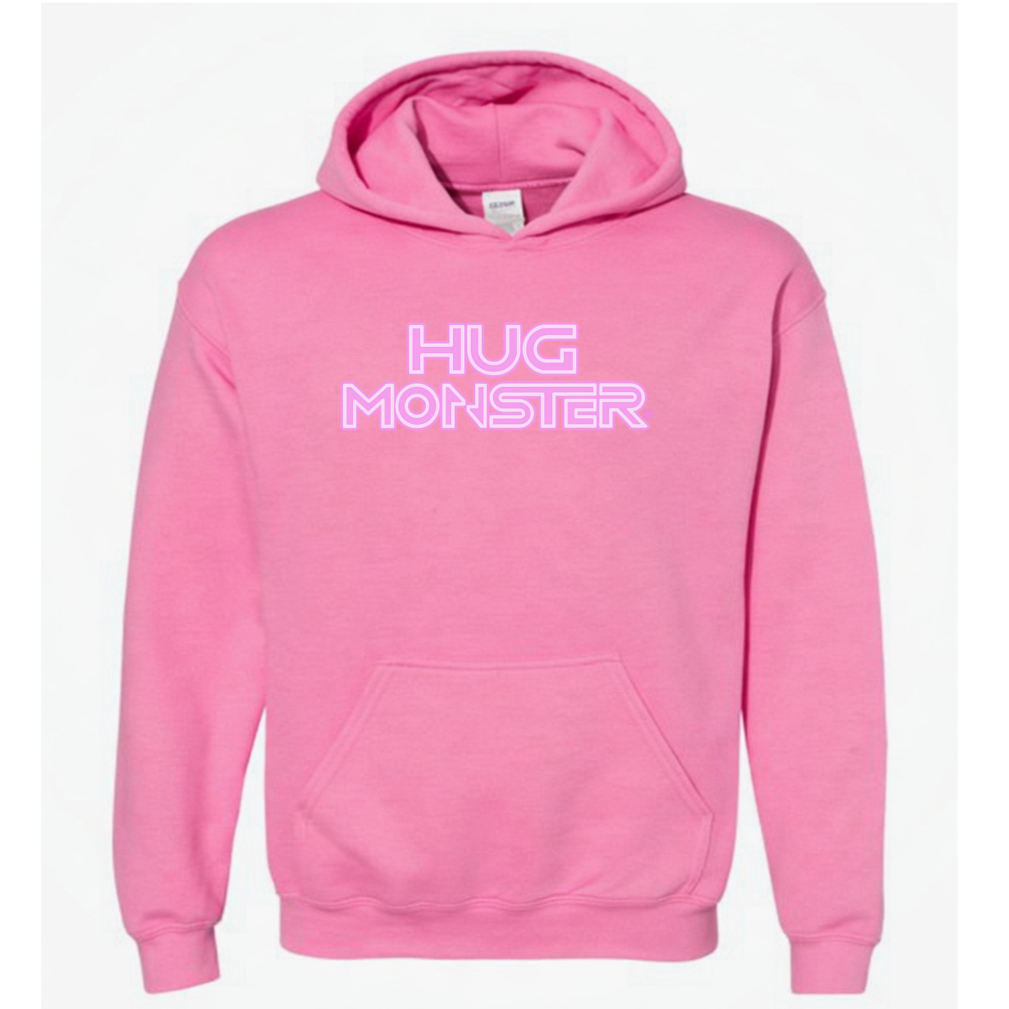 Hug Monster Electric Grid (Chalk Pink Logo) graphic hoodie in Bright Soft Rose Pink cozy fleece positive message sweatshirt