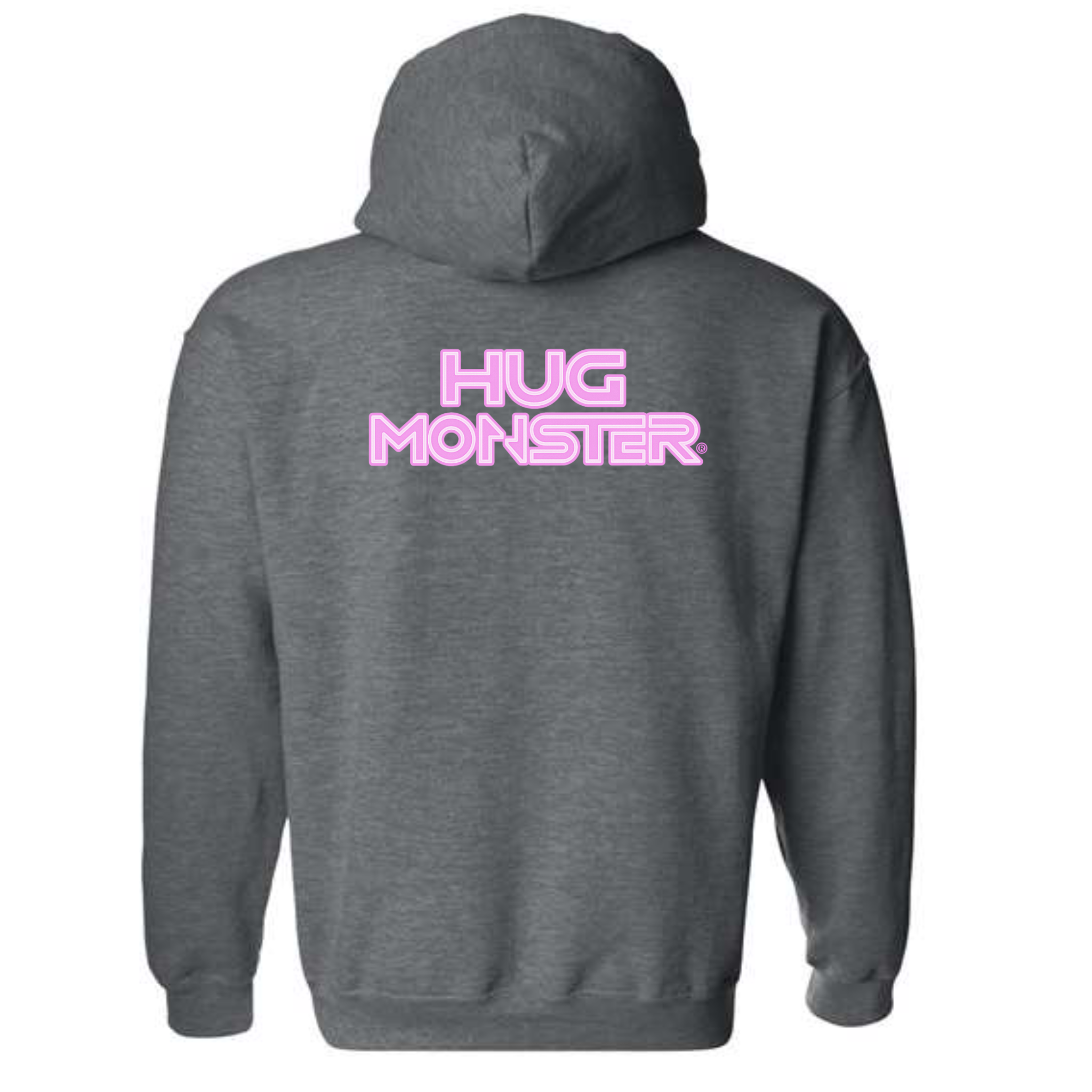 Hug Monster Electric Grid (Chalk Pink Logo) graphic hoodie in Dark Heather Grey cozy fleece positive message sweatshirt