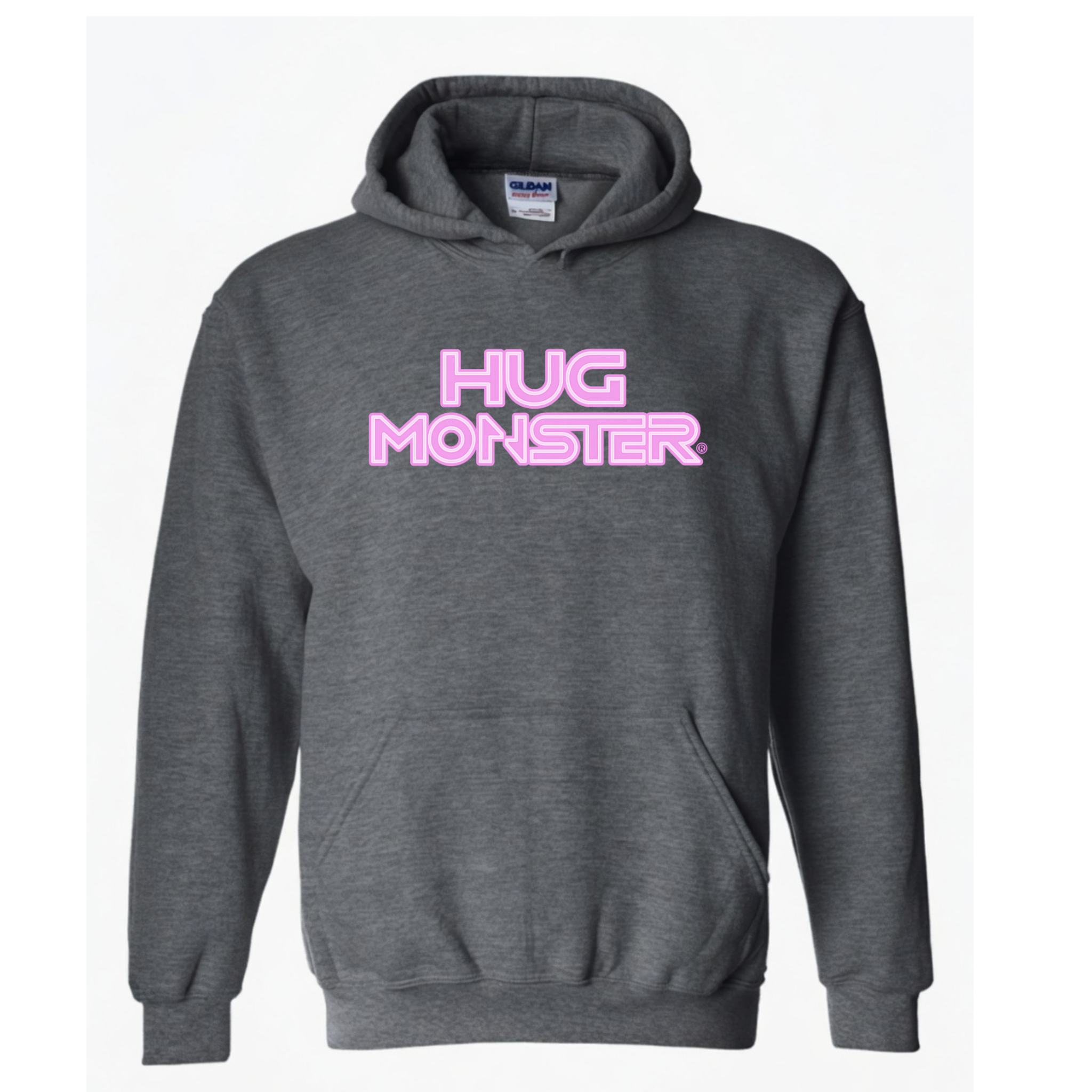 Hug Monster Electric Grid (Chalk Pink Logo) graphic hoodie in Dark Heather Grey cozy fleece positive message sweatshirt
