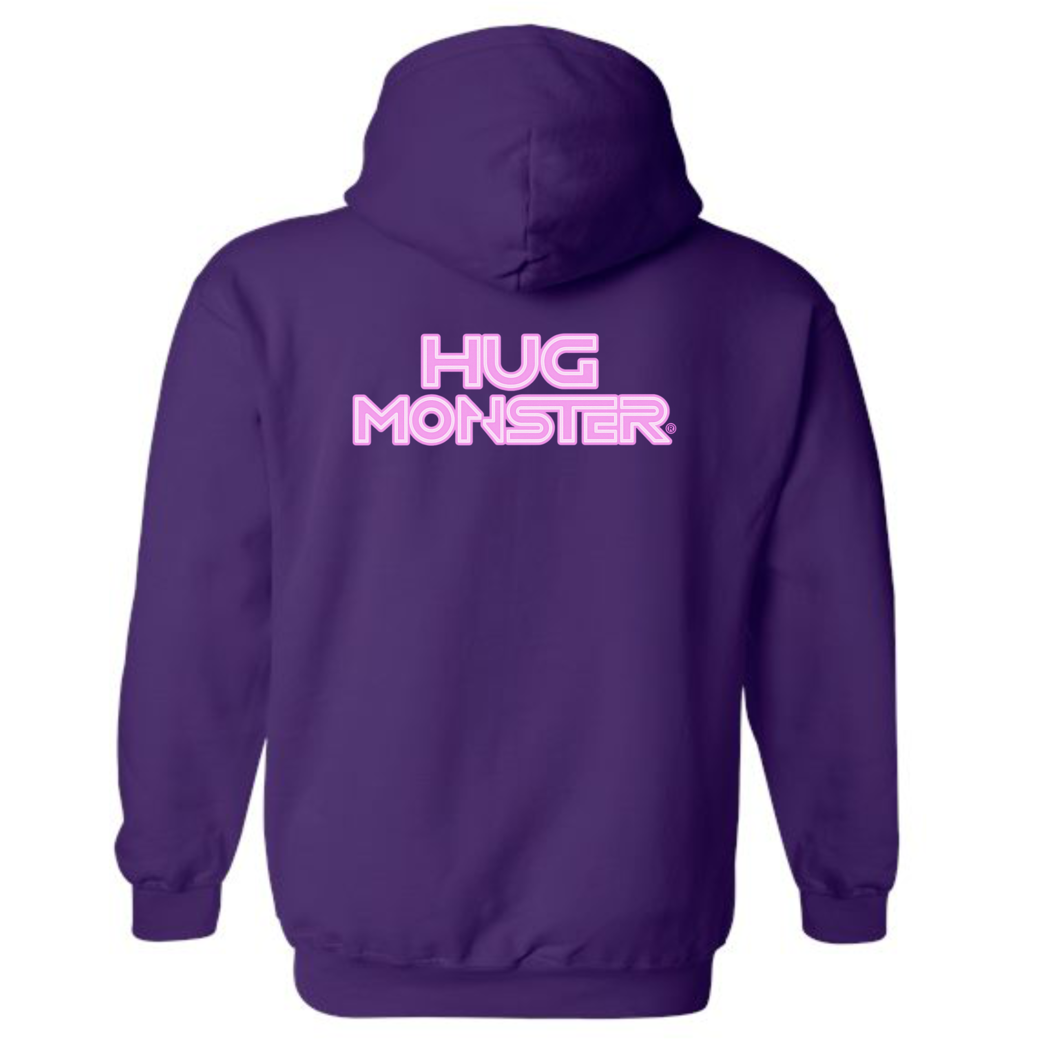 Hug Monster Electric Grid (Chalk Pink Logo) graphic hoodie in Purple cozy fleece positive message sweatshirt