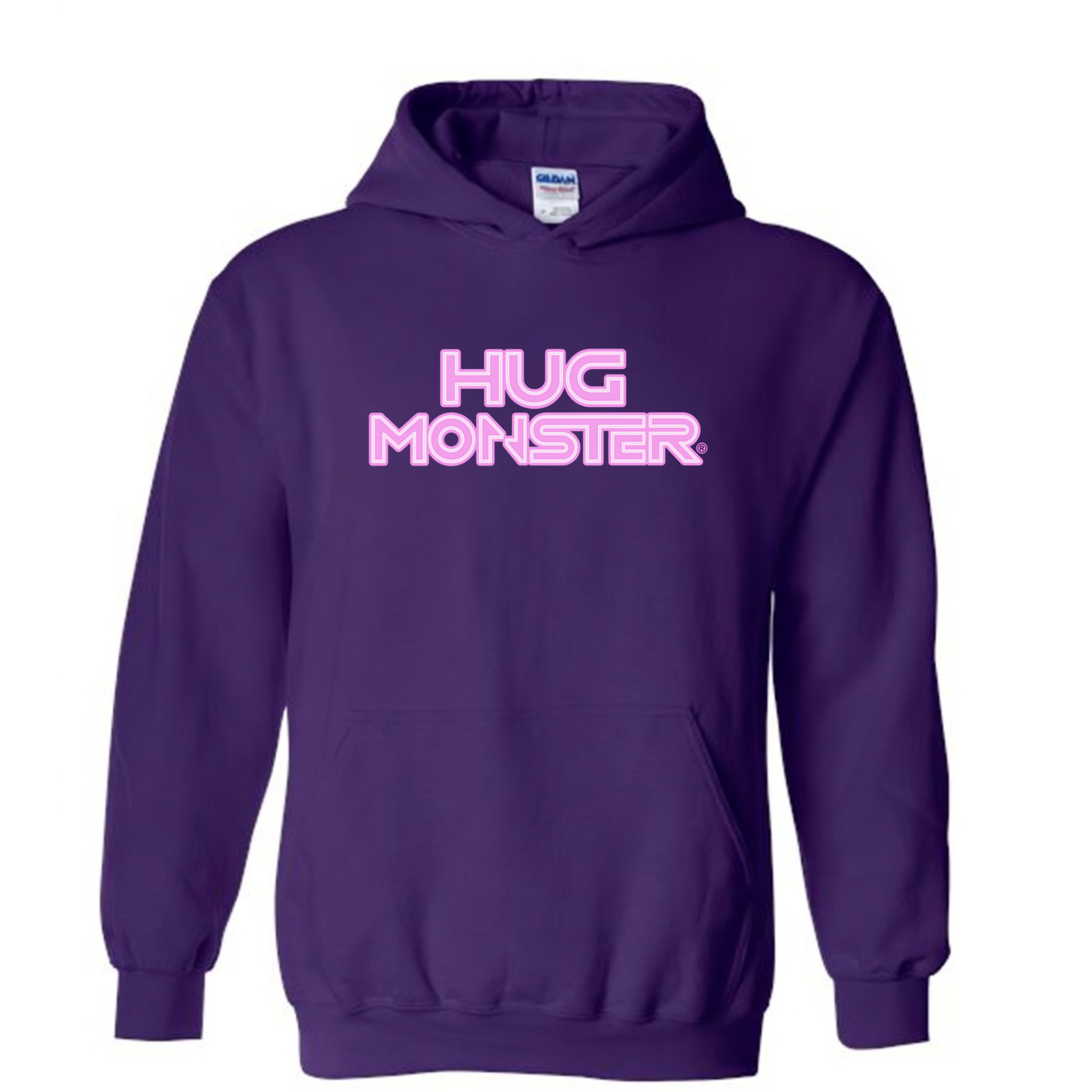 Hug Monster Electric Grid (Chalk Pink Logo) graphic hoodie in Purple cozy fleece positive message sweatshirt