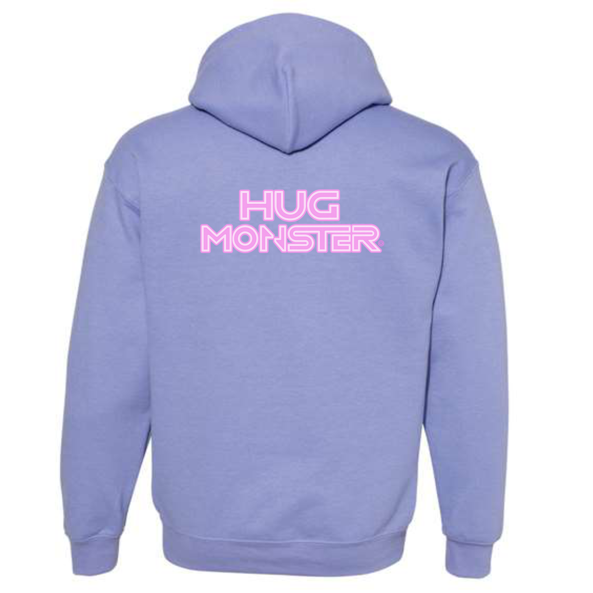 Hug Monster Electric Grid (Chalk Pink Logo) graphic hoodie in Violet cozy fleece positive message sweatshirt