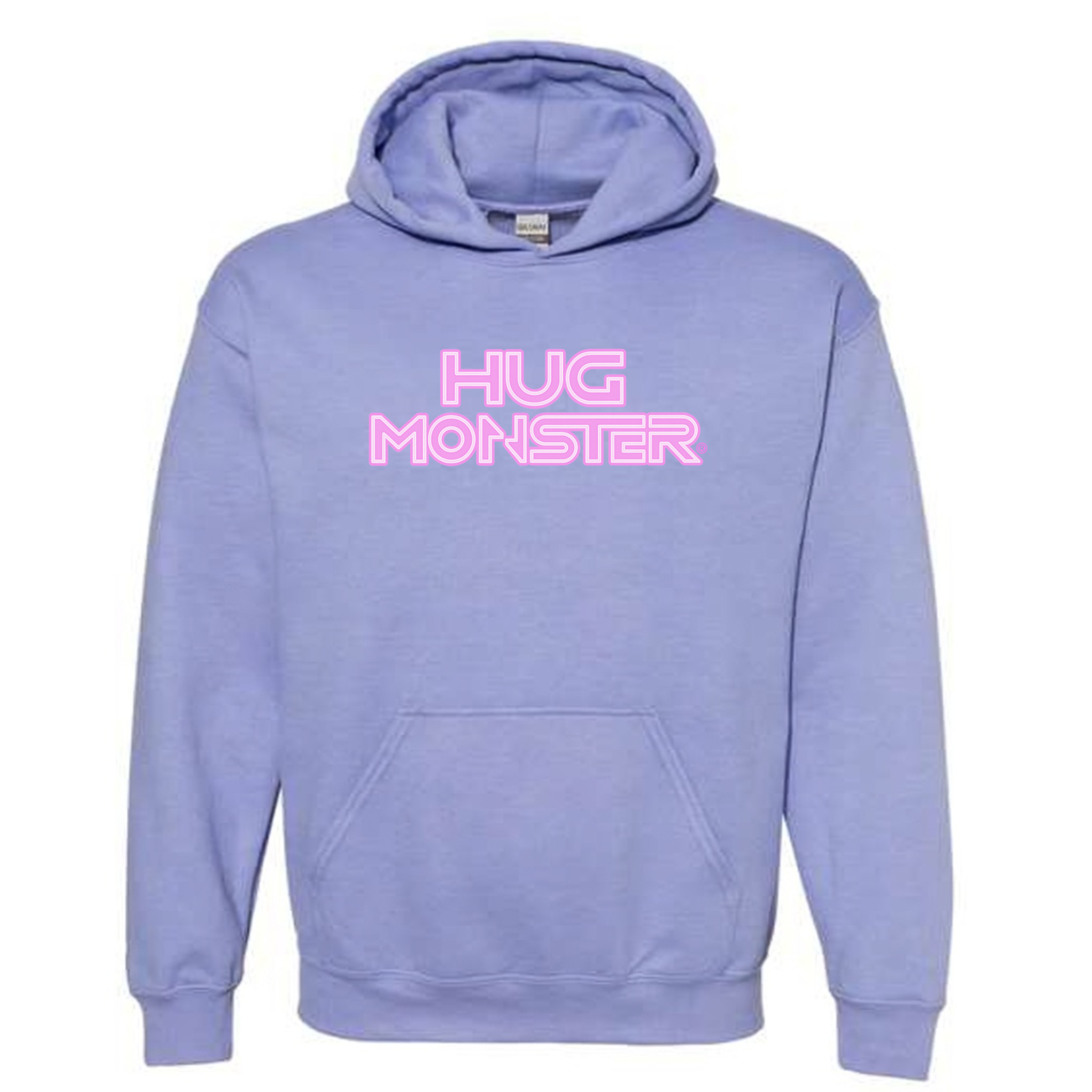 Hug Monster Electric Grid (Chalk Pink Logo) graphic hoodie in Violet cozy fleece positive message sweatshirt