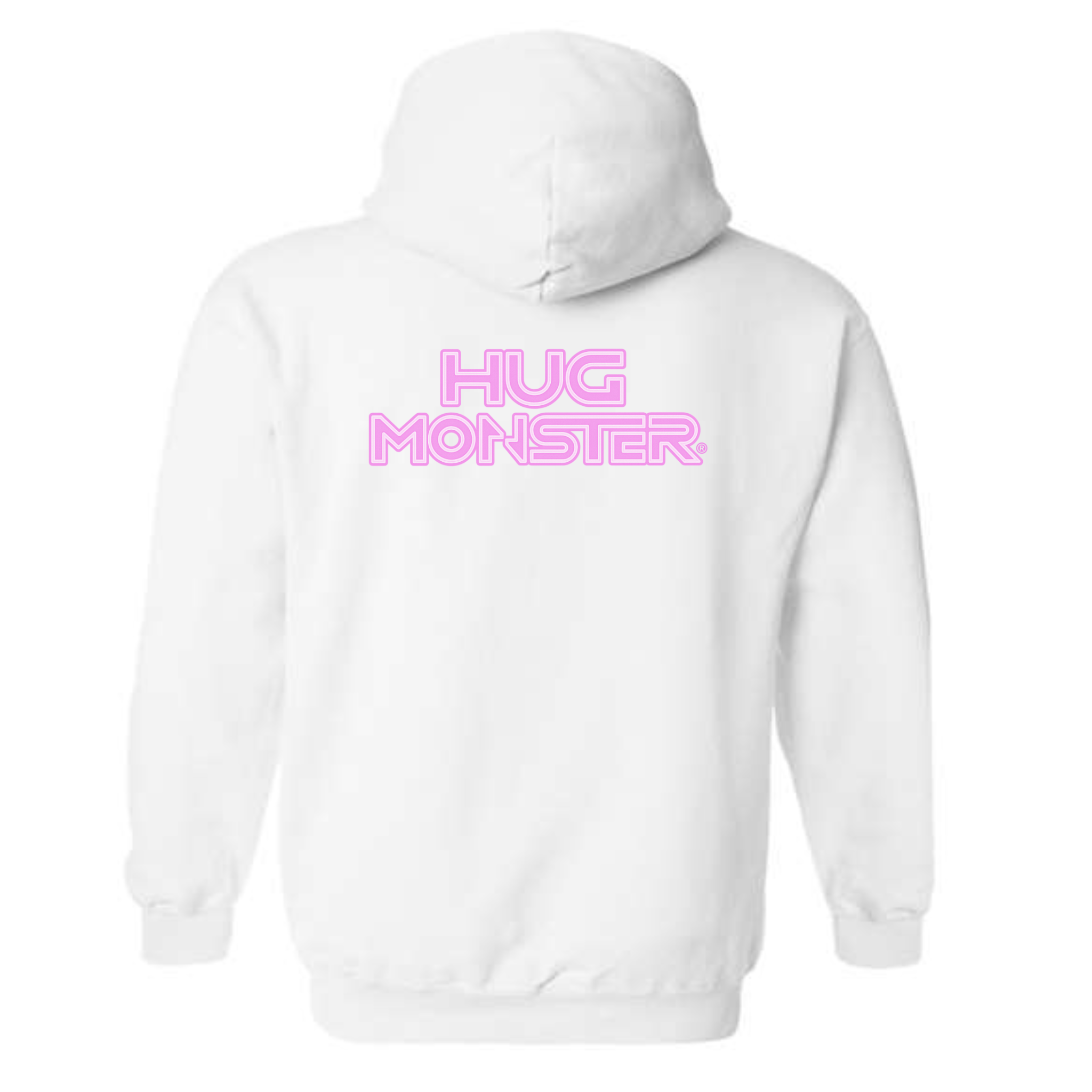 Hug Monster Electric Grid (Chalk Pink Logo) graphic hoodie in White cozy fleece positive message sweatshirt
