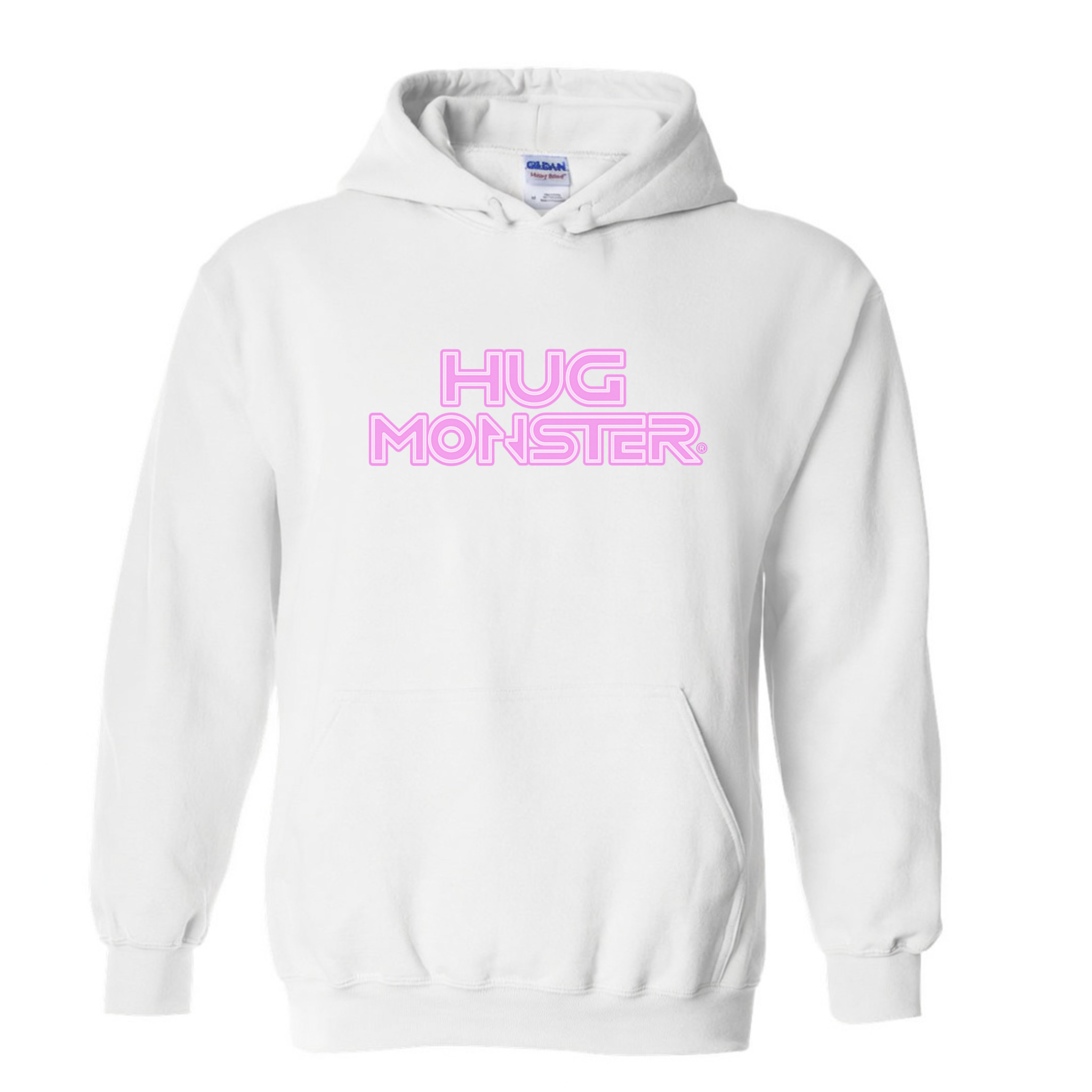 Hug Monster Electric Grid (Chalk Pink Logo) graphic hoodie in White cozy fleece positive message sweatshirt