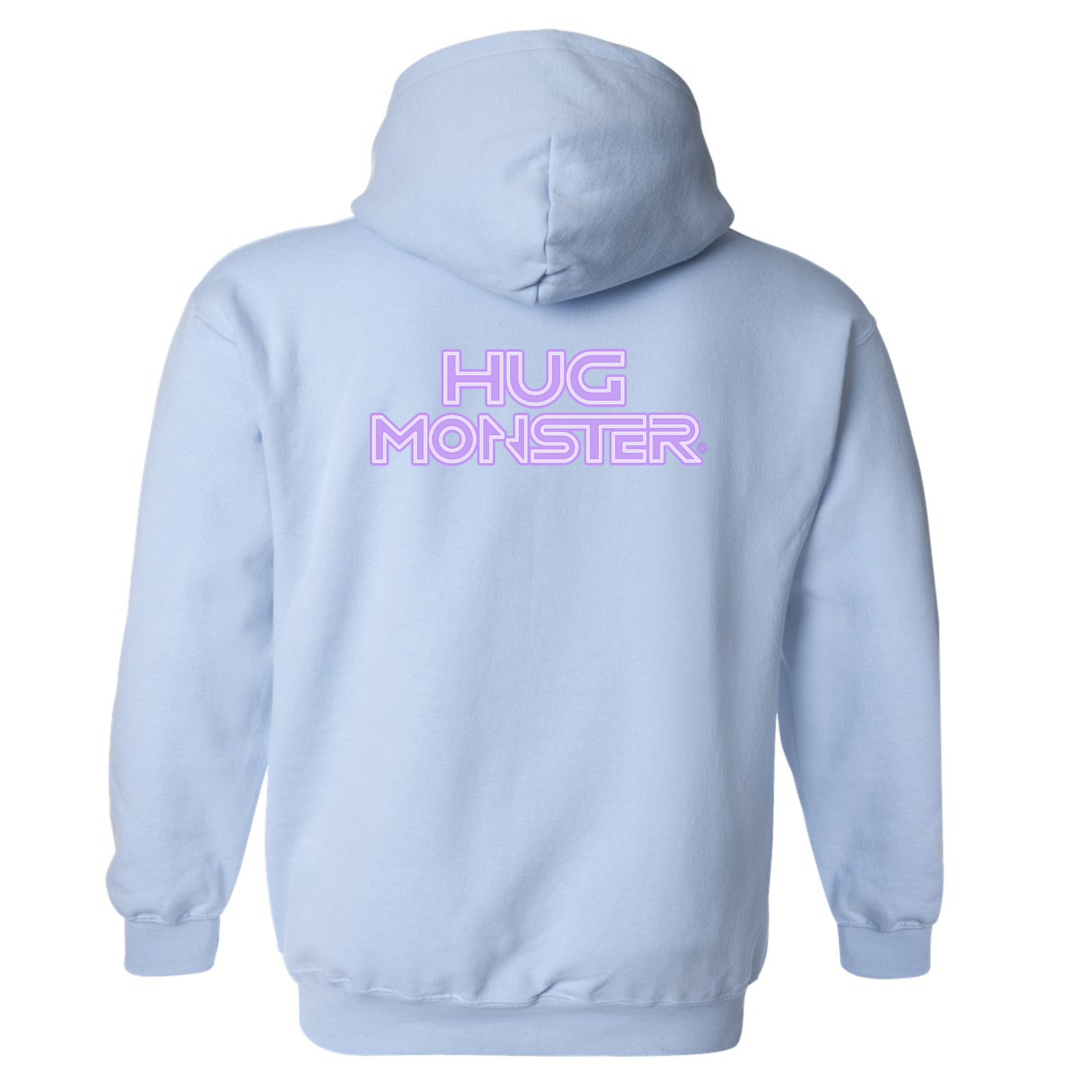 Hug Monster Electric Grid (Chalk Violet Logo) graphic hoodie in Baby Blue cozy fleece positive message sweatshirt