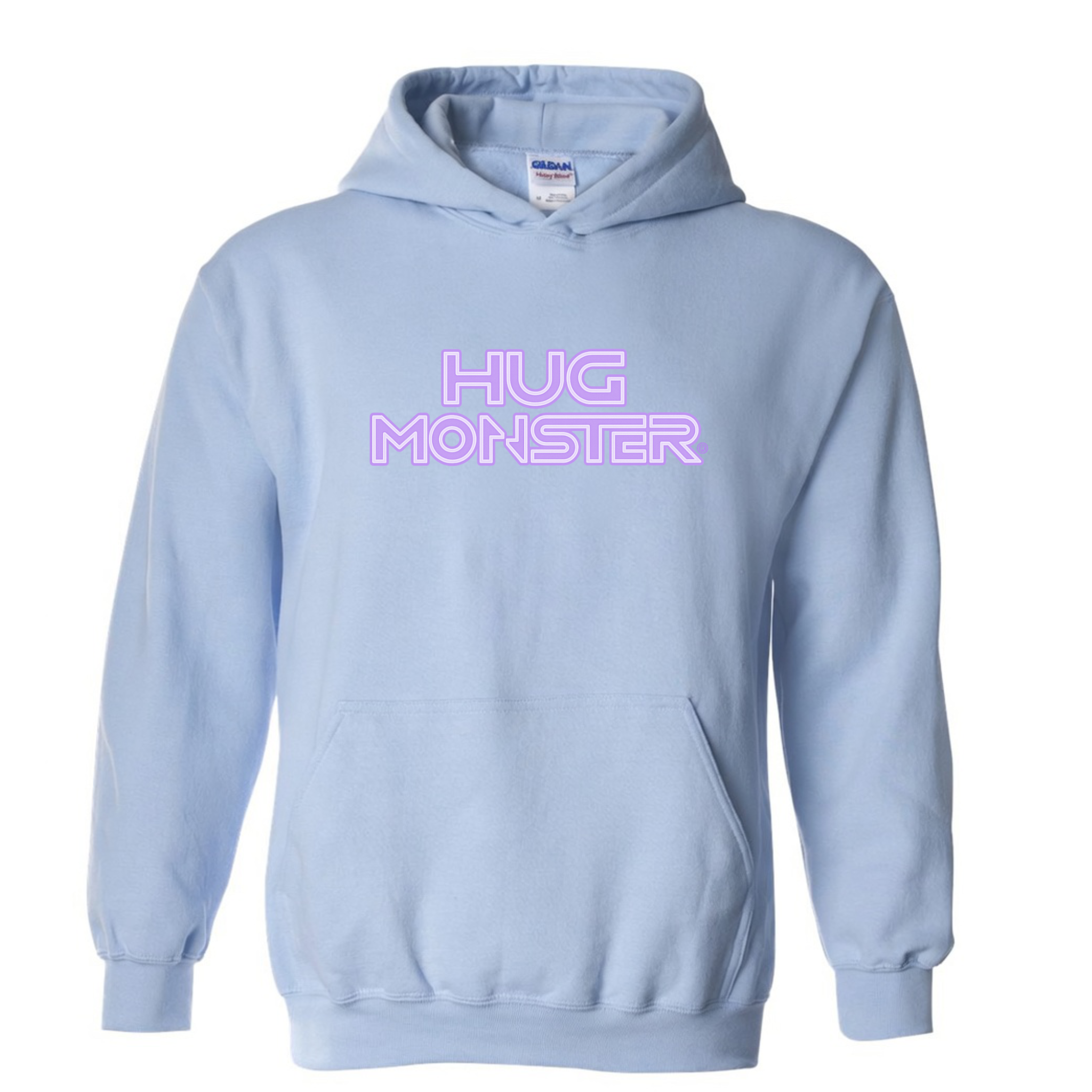 Hug Monster Electric Grid (Chalk Violet Logo) graphic hoodie in Baby Blue cozy fleece positive message sweatshirt