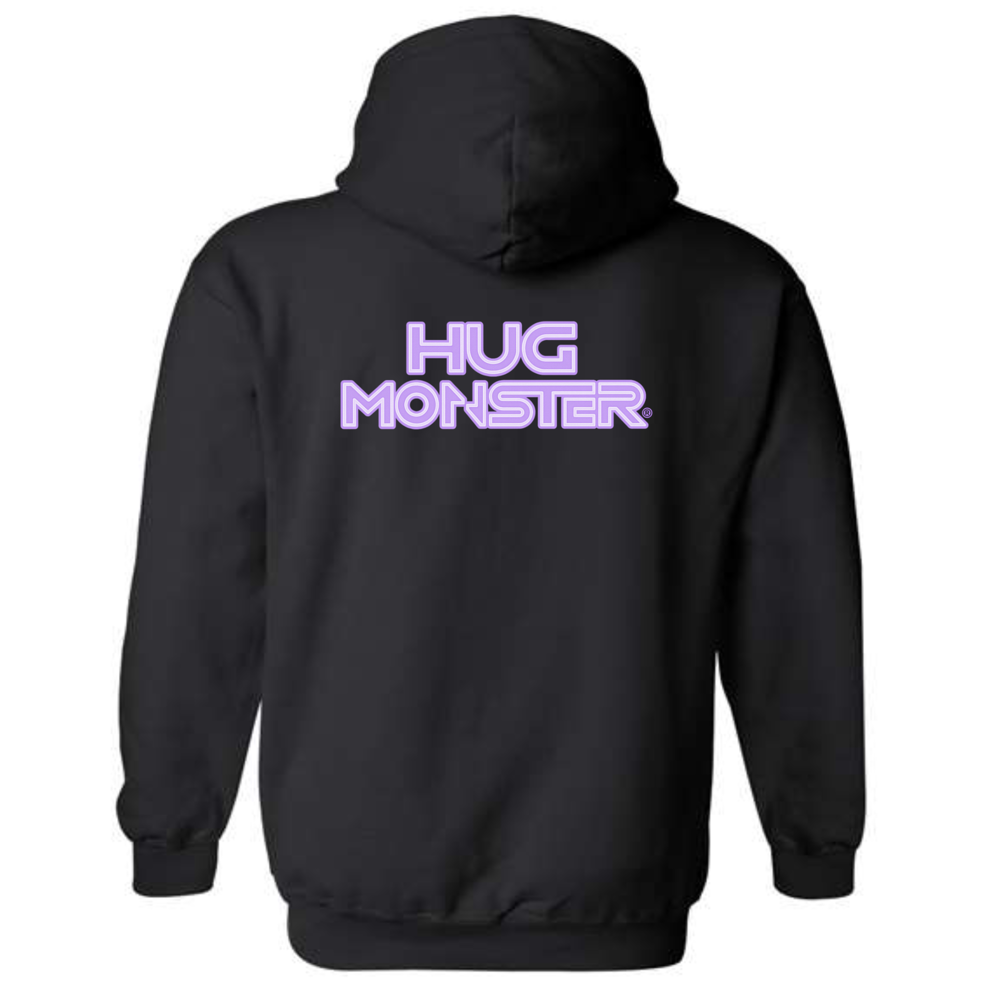 Hug Monster Electric Grid (Chalk Violet Logo) graphic hoodie in Black cozy fleece positive message sweatshirt