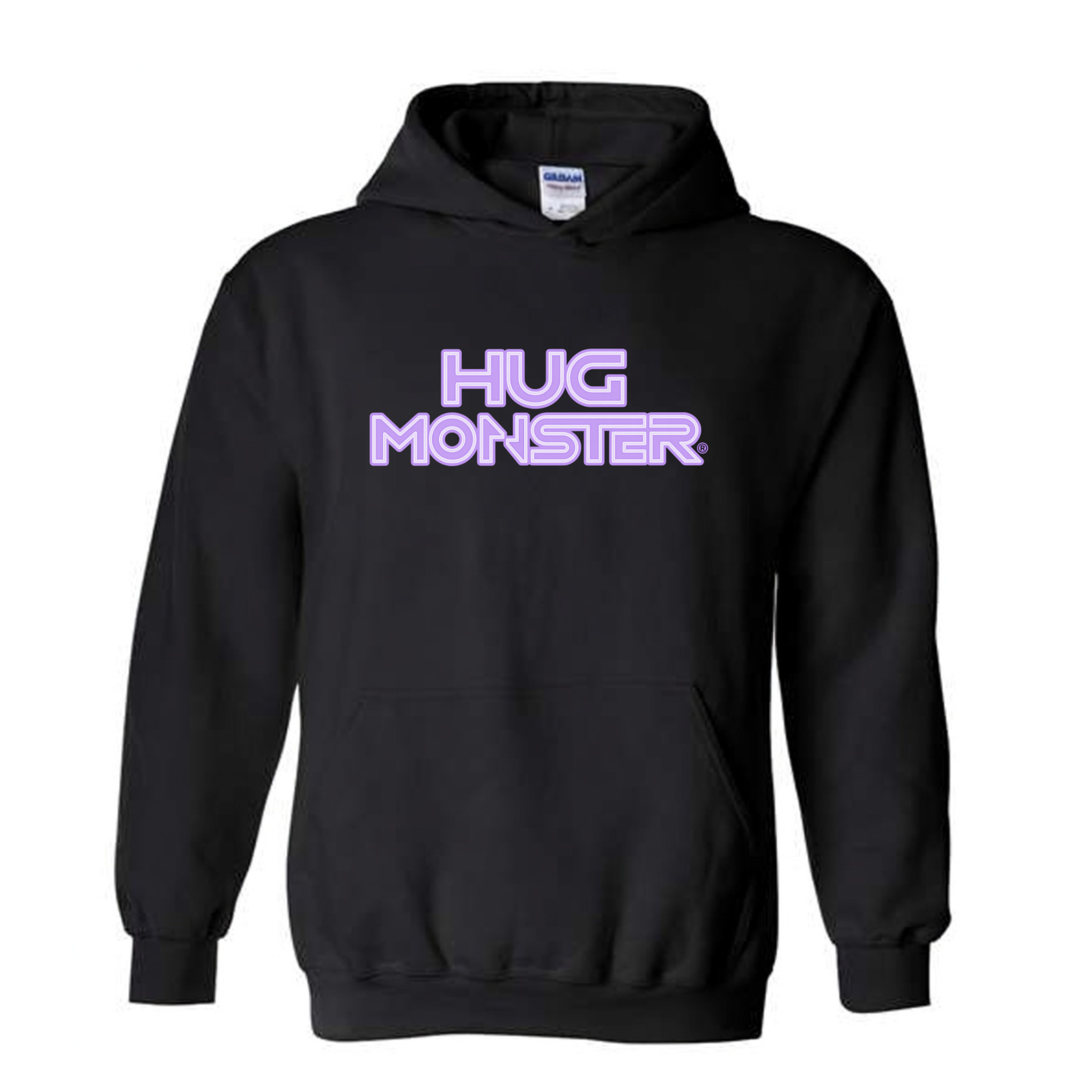 Hug Monster Electric Grid (Chalk Violet Logo) graphic hoodie in Black cozy fleece positive message sweatshirt