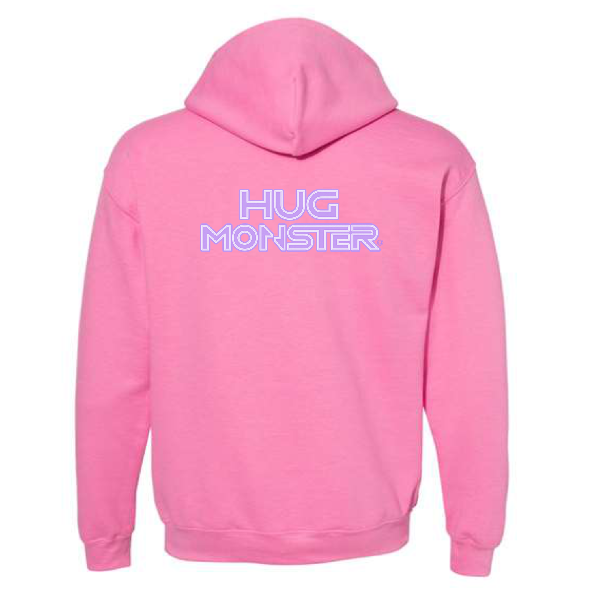 Hug Monster Electric Grid (Chalk Violet Logo) graphic hoodie in Bright Soft Rose Pink cozy fleece positive message sweatshirt