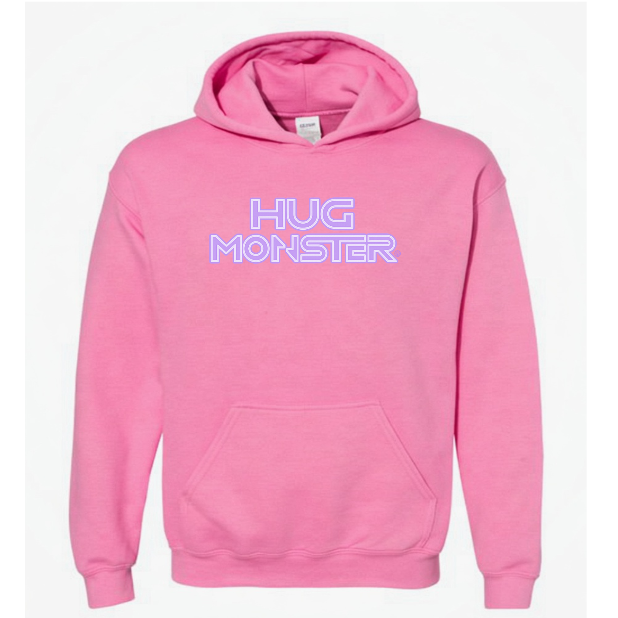 Hug Monster Electric Grid (Chalk Violet Logo) graphic hoodie in Bright Soft Rose Pink cozy fleece positive message sweatshirt