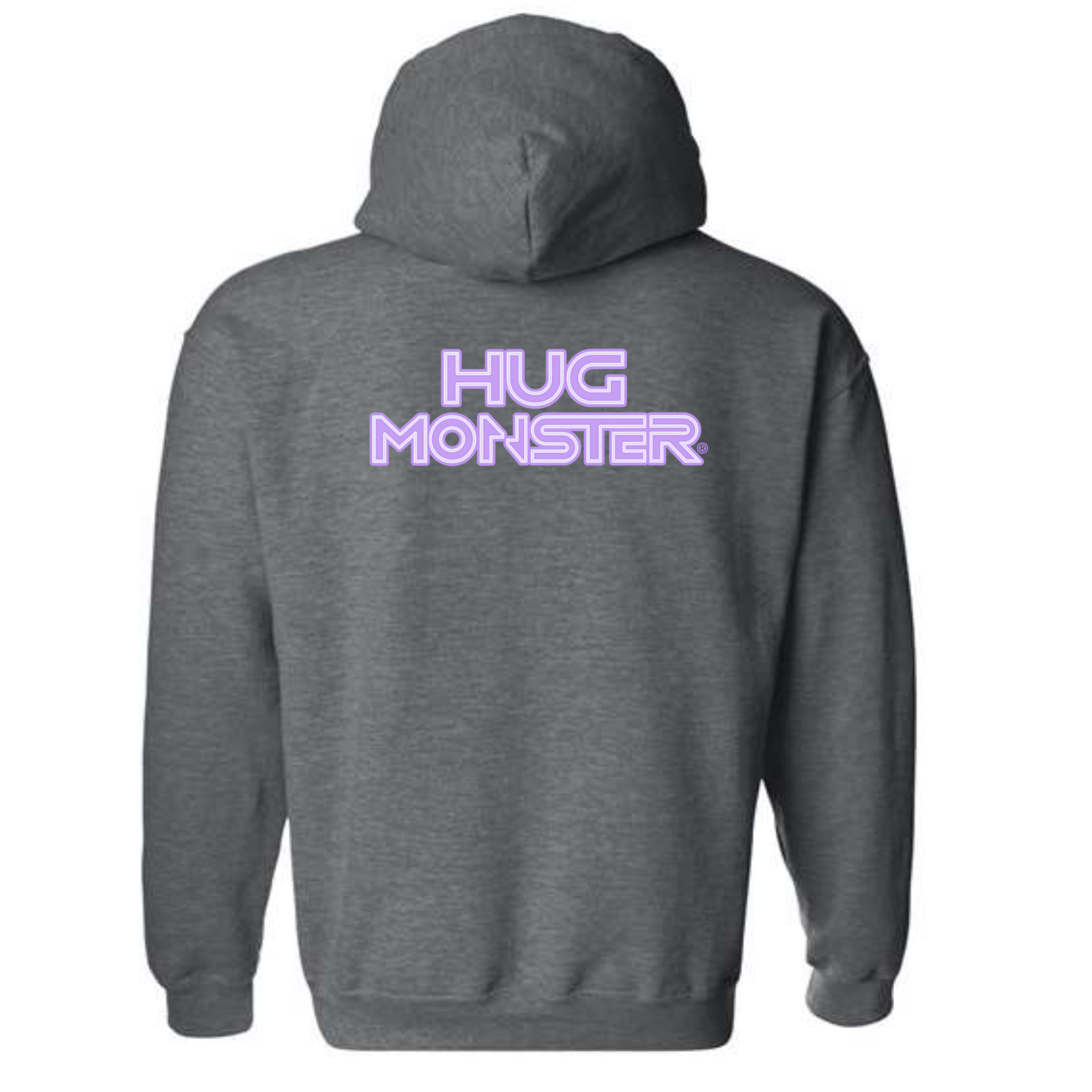 Hug Monster Electric Grid (Chalk Violet Logo) graphic hoodie in Dark Heather Grey cozy fleece positive message sweatshirt