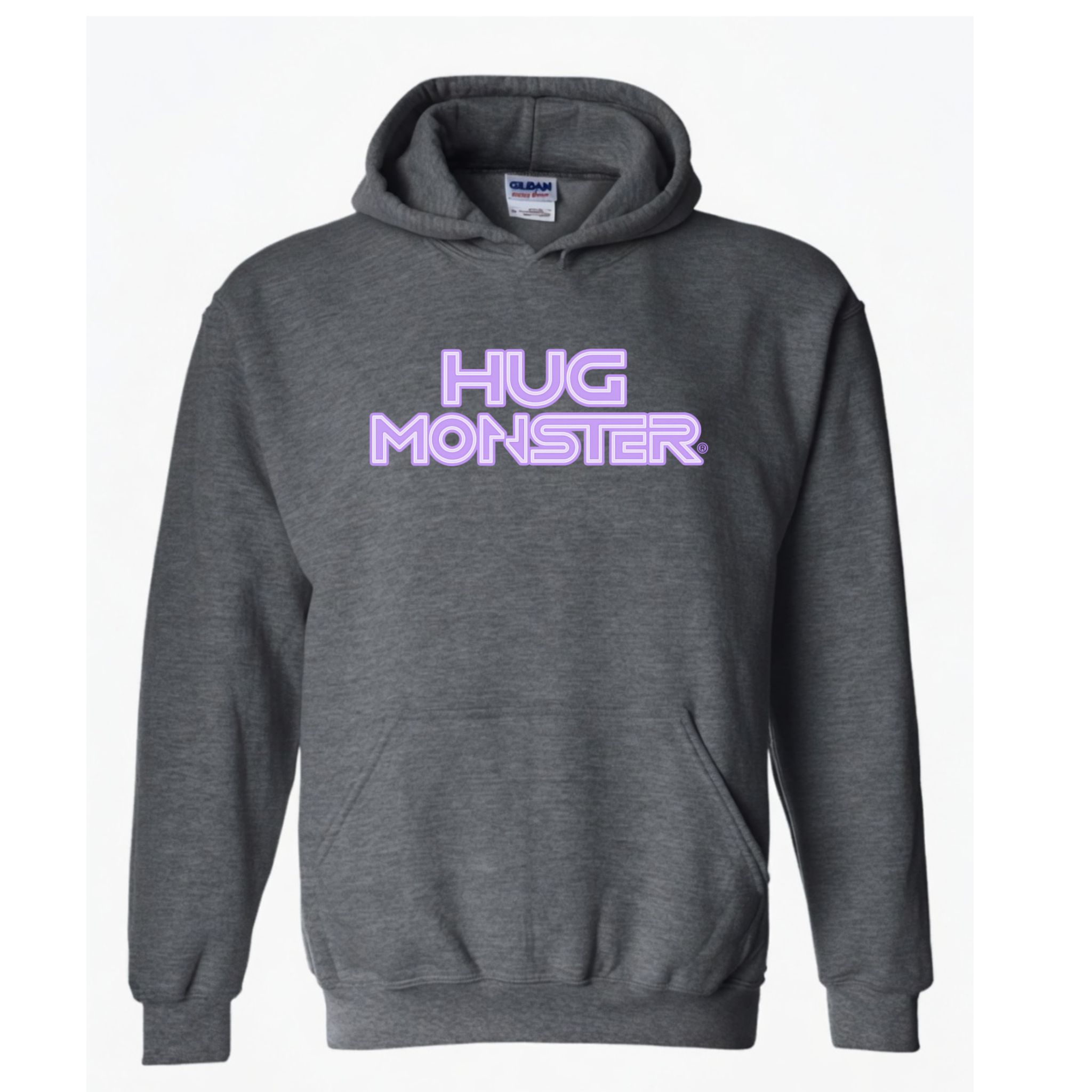 Hug Monster Electric Grid (Chalk Violet Logo) graphic hoodie in Dark Heather Grey cozy fleece positive message sweatshirt