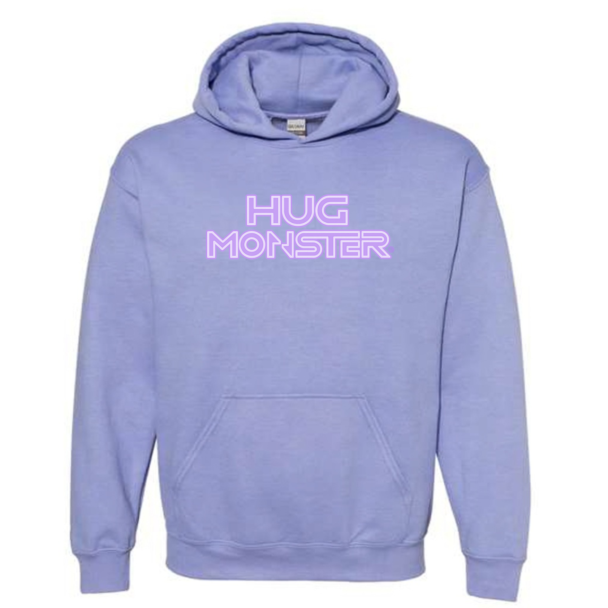 Hug Monster Electric Grid (Chalk Violet Logo) graphic hoodie in Violet cozy fleece positive message sweatshirt