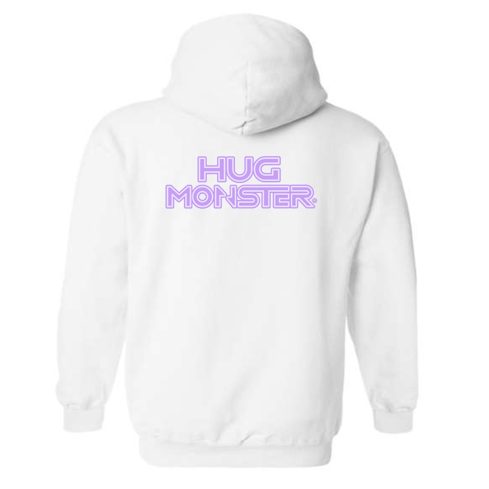 Hug Monster Electric Grid (Chalk Violet Logo) graphic hoodie in White cozy fleece positive message sweatshirt