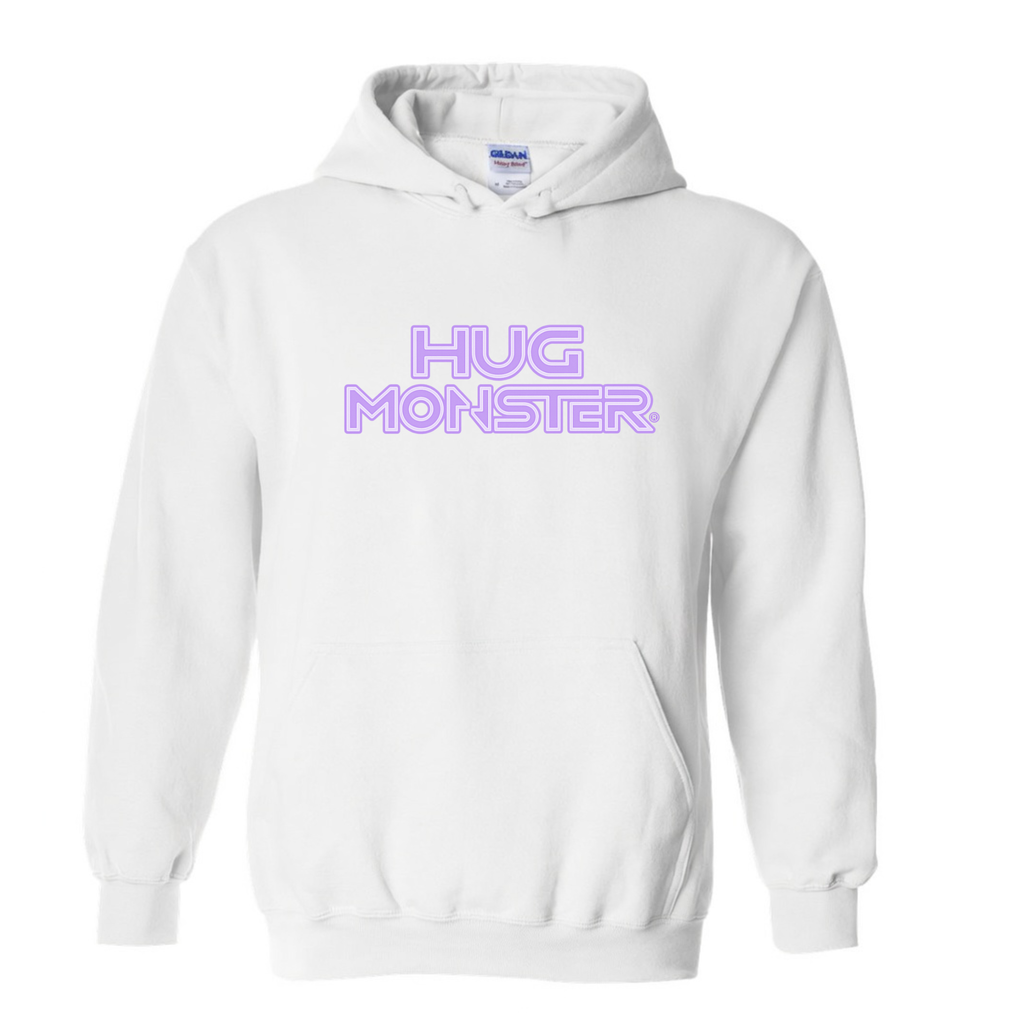 Hug Monster Electric Grid (Chalk Violet Logo) graphic hoodie in White cozy fleece positive message sweatshirt