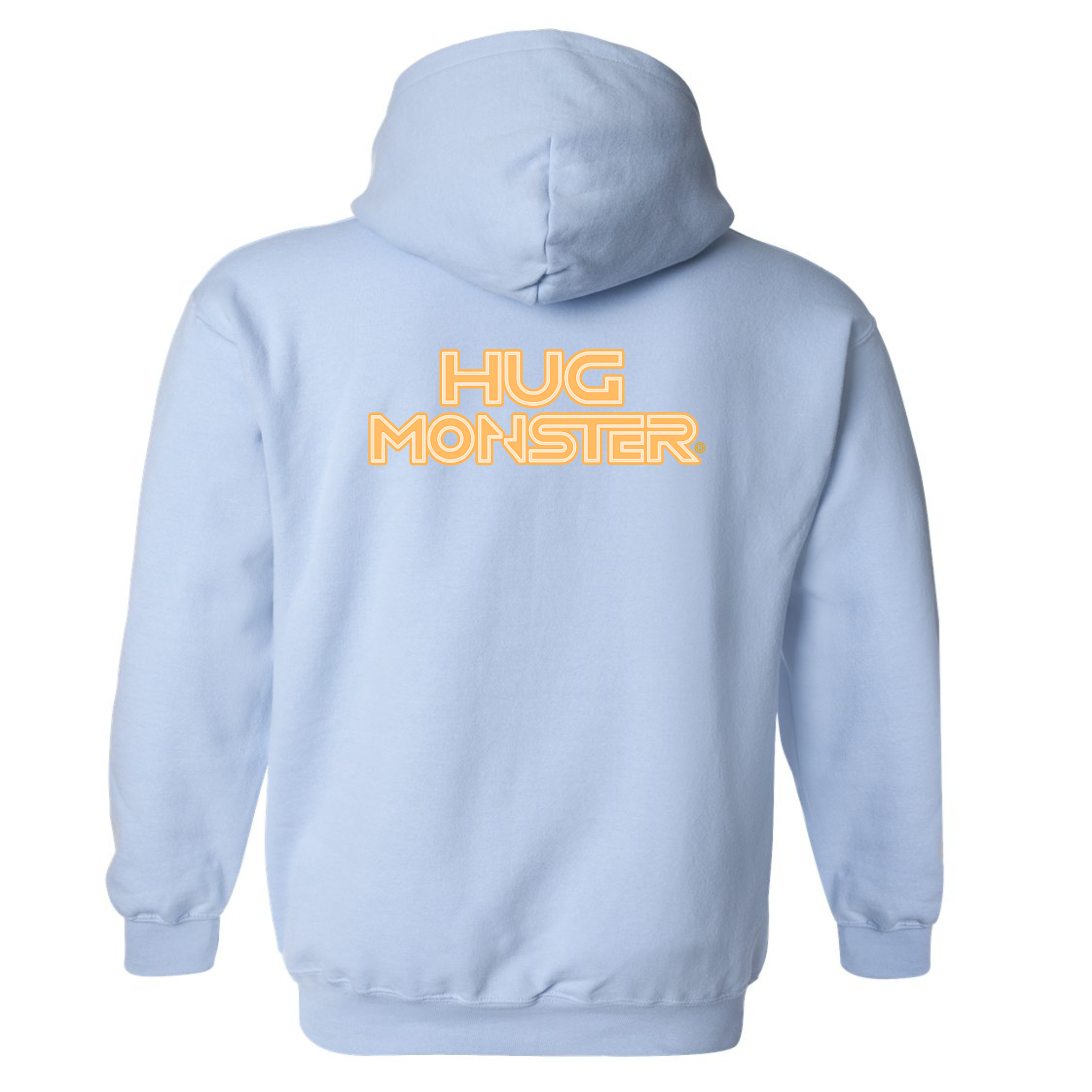 Hug Monster Electric Grid (Yellow Logo) graphic hoodie in Baby Blue cozy fleece positive message sweatshirt
