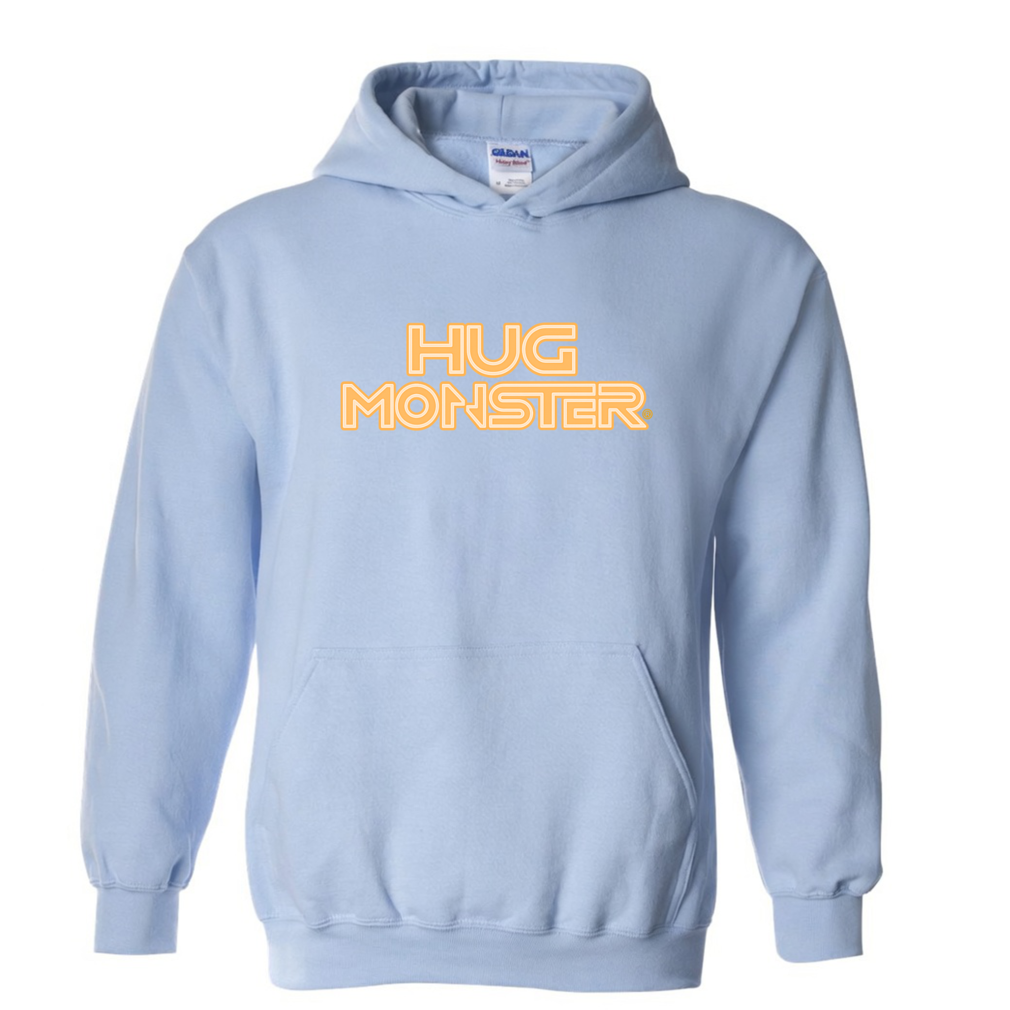Hug Monster Electric Grid (Yellow Logo) graphic hoodie in Baby Blue cozy fleece positive message sweatshirt