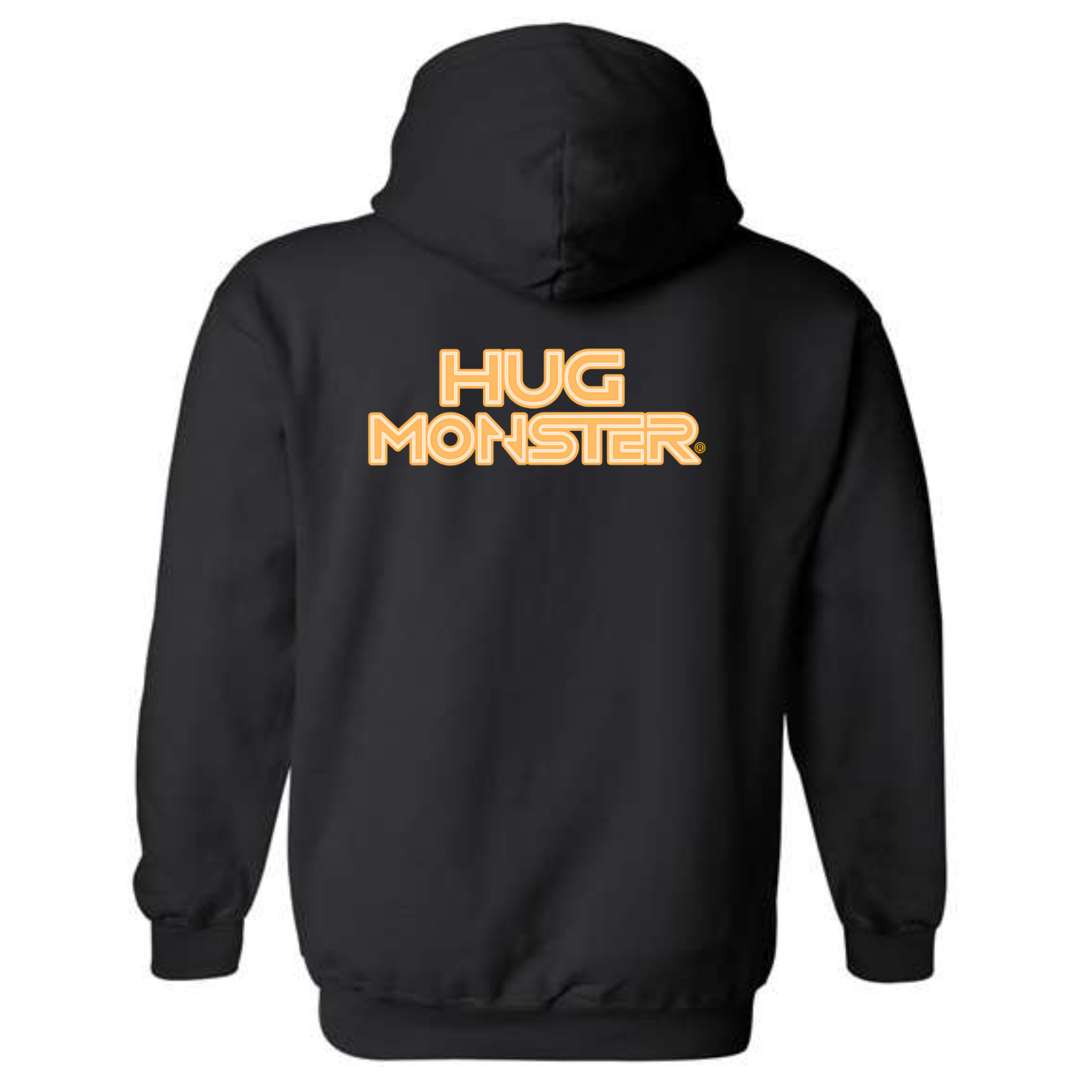 Hug Monster Electric Grid (Yellow Logo) graphic hoodie in Black cozy fleece positive message sweatshirt