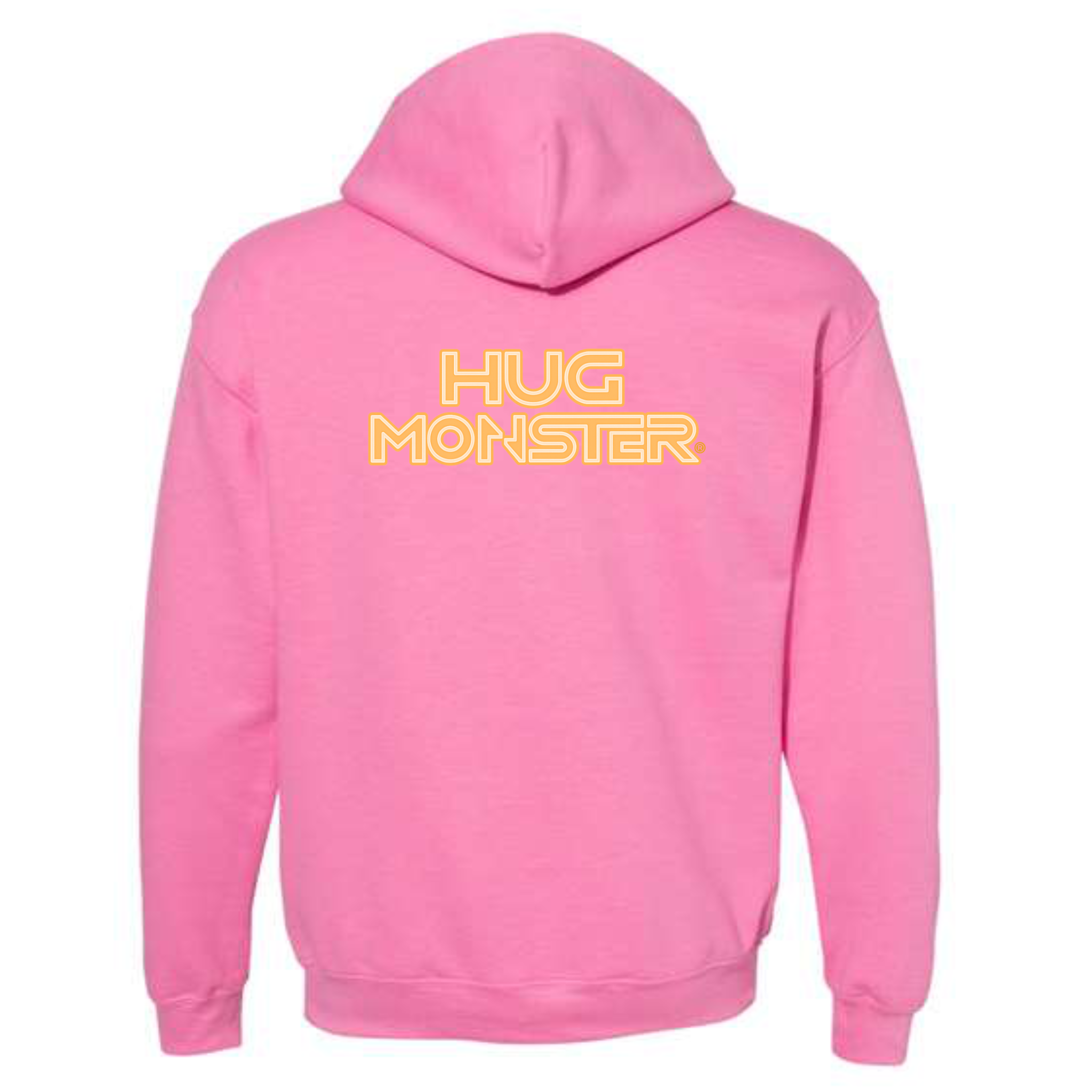 Hug Monster Electric Grid (Yellow Logo) graphic hoodie in Bright Soft Rose Pink cozy fleece positive message sweatshirt