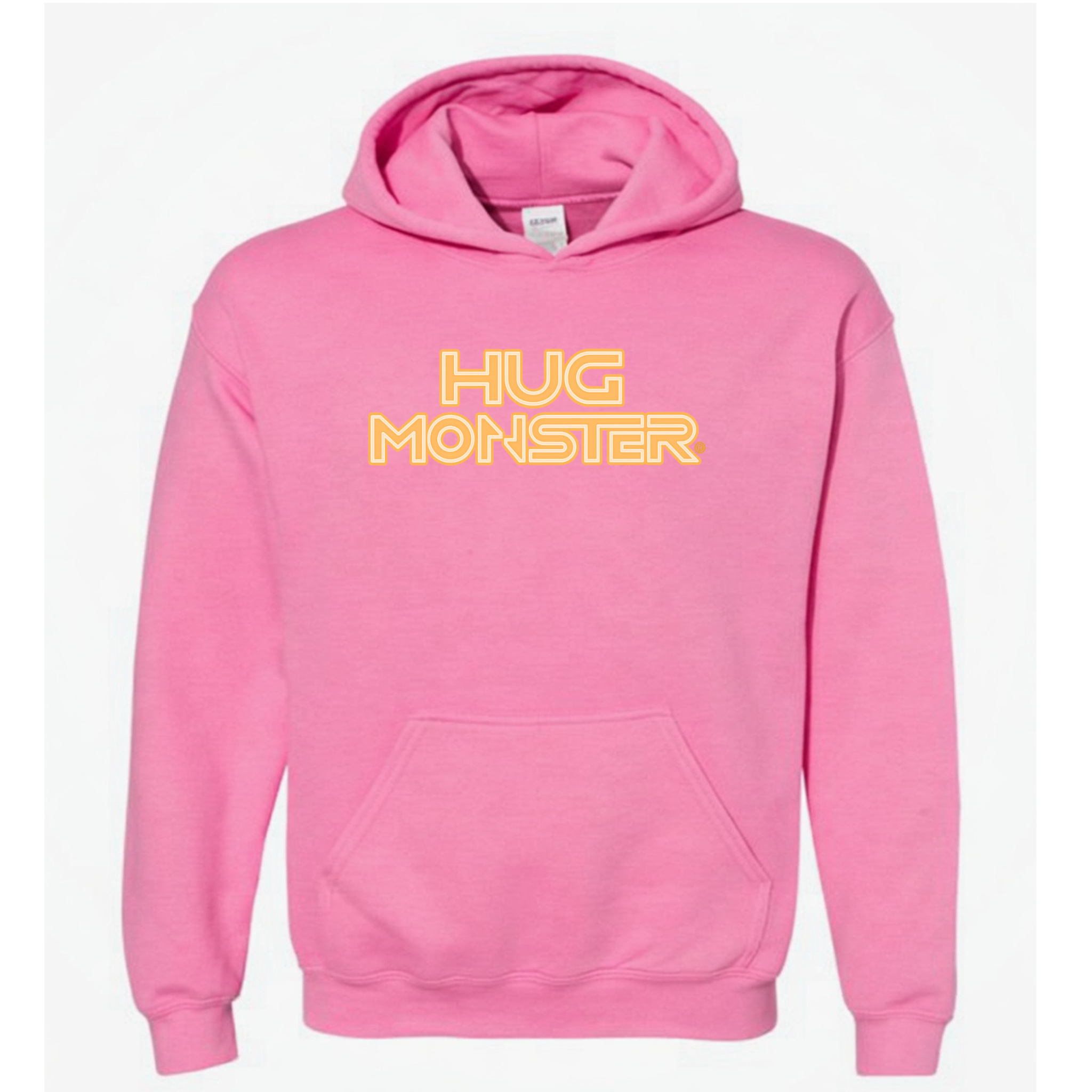 Hug Monster Electric Grid (Yellow Logo) graphic hoodie in Bright Soft Rose Pink cozy fleece positive message sweatshirt