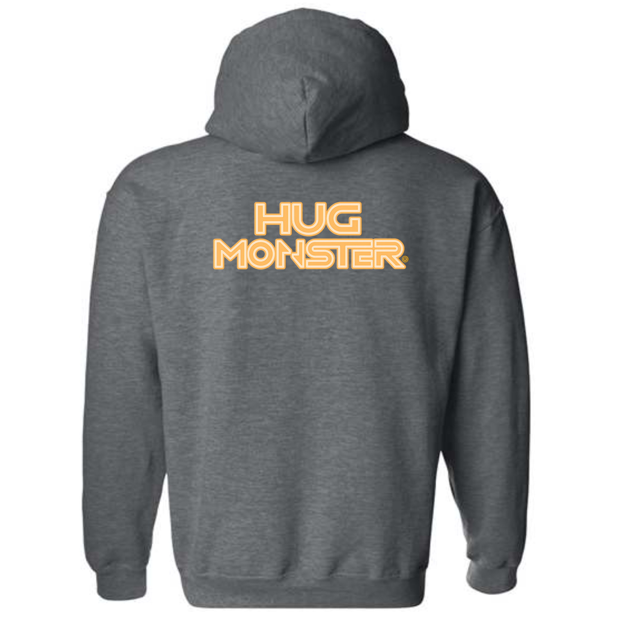 Hug Monster Electric Grid (Yellow Logo) graphic hoodie in Dark Heather Grey cozy fleece positive message sweatshirt