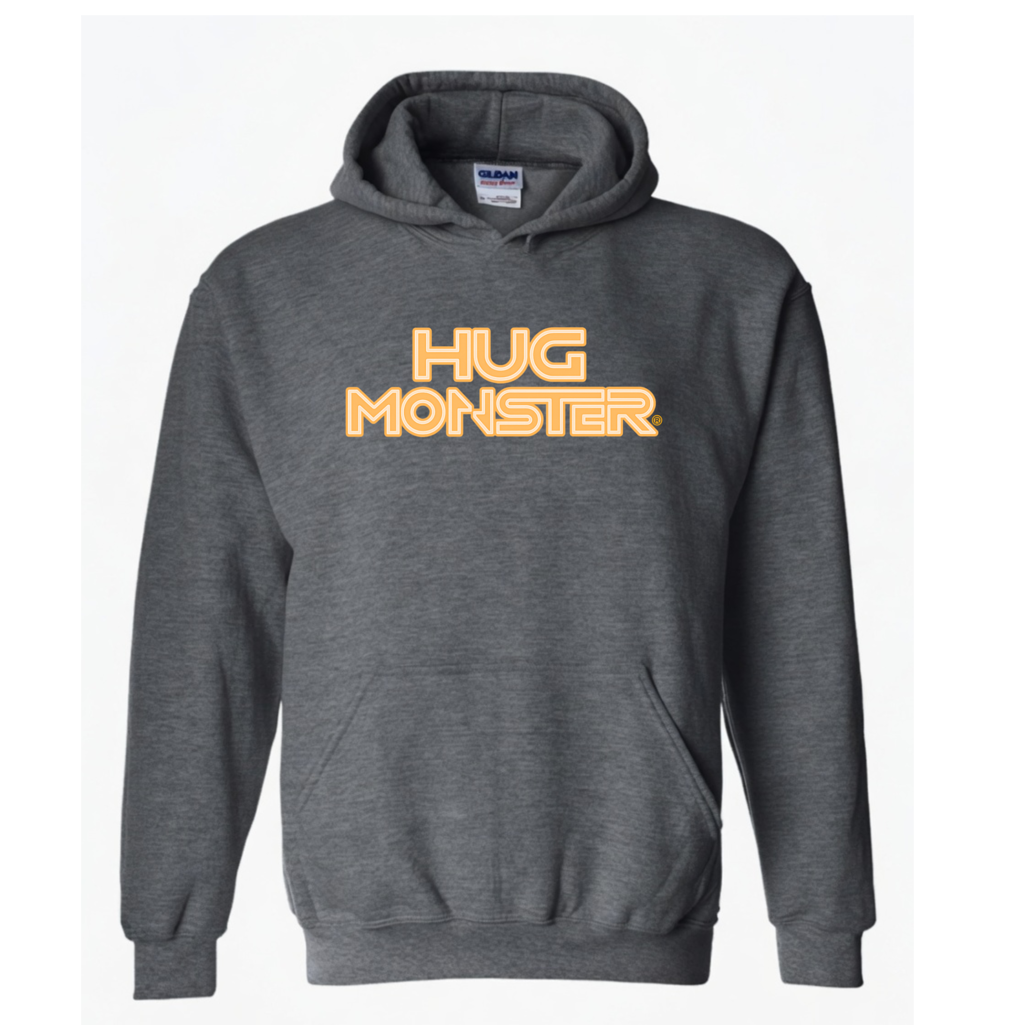 Hug Monster Electric Grid (Yellow Logo) graphic hoodie in Dark Heather Grey cozy fleece positive message sweatshirt