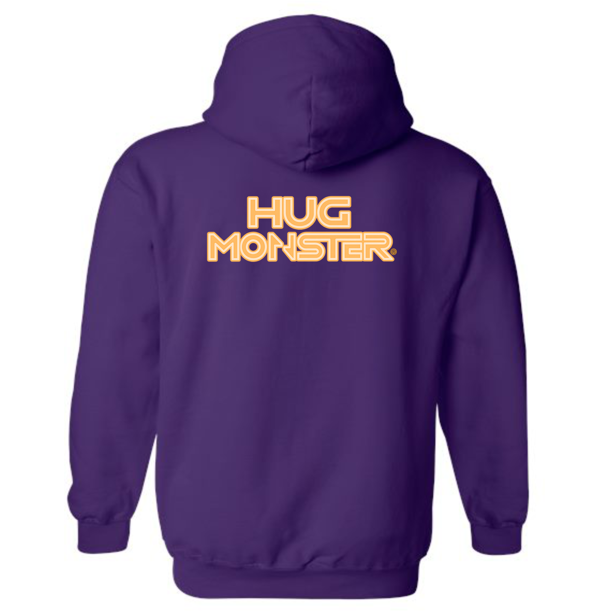 Hug Monster Electric Grid (Yellow Logo) graphic hoodie in Purple cozy fleece positive message sweatshirt