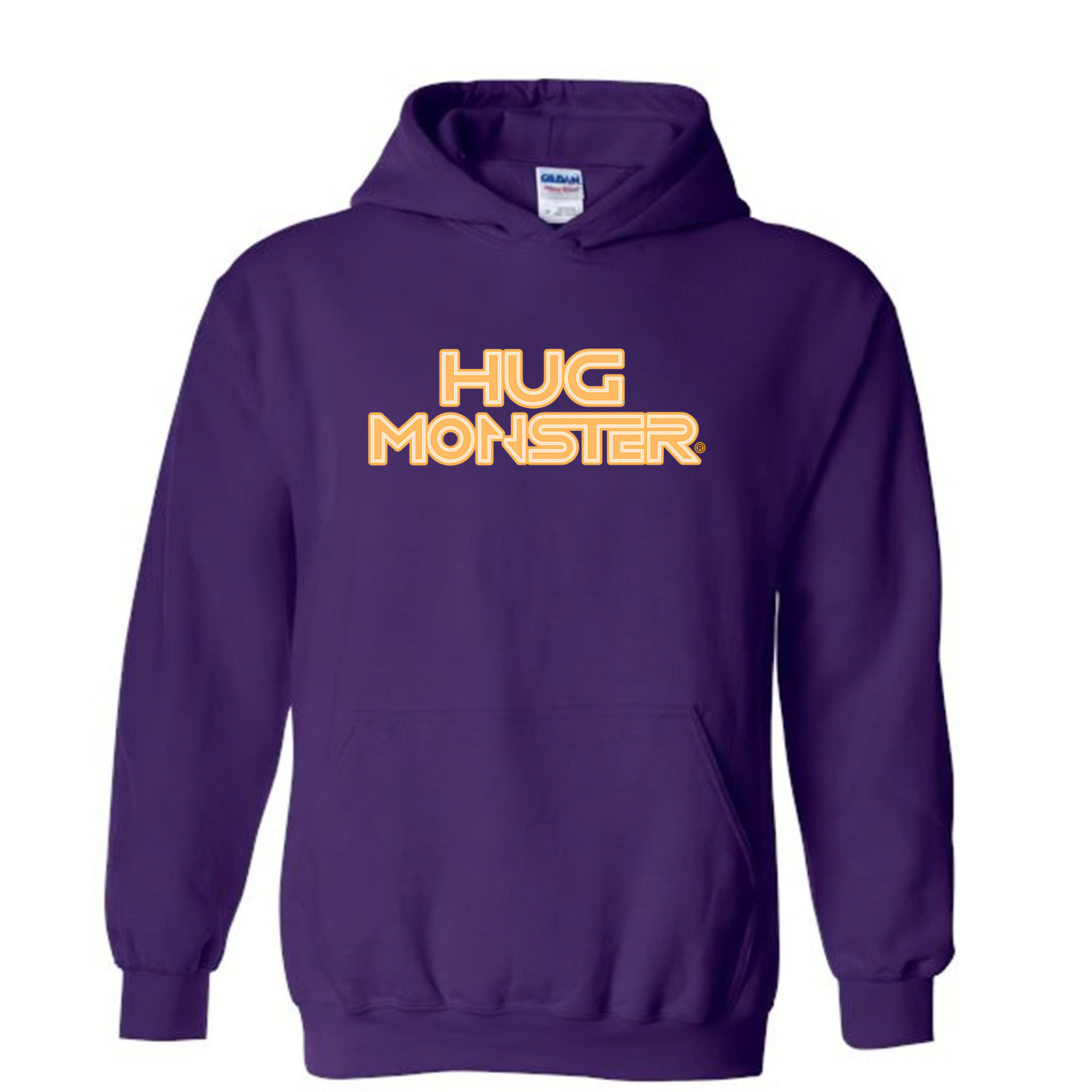 Hug Monster Electric Grid (Yellow Logo) graphic hoodie in Purple cozy fleece positive message sweatshirt