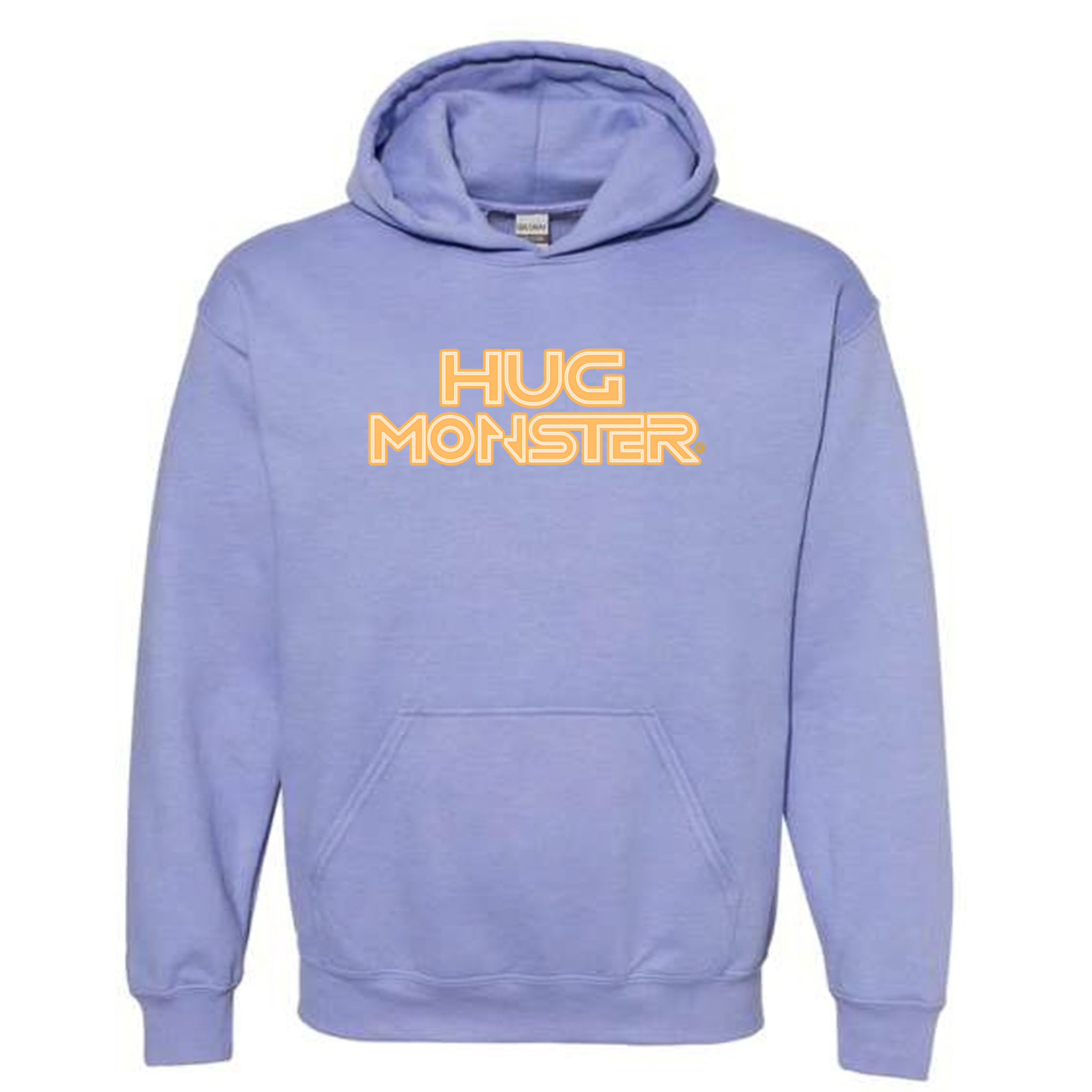Hug Monster Electric Grid (Yellow Logo) graphic hoodie in Violet cozy fleece positive message sweatshirt