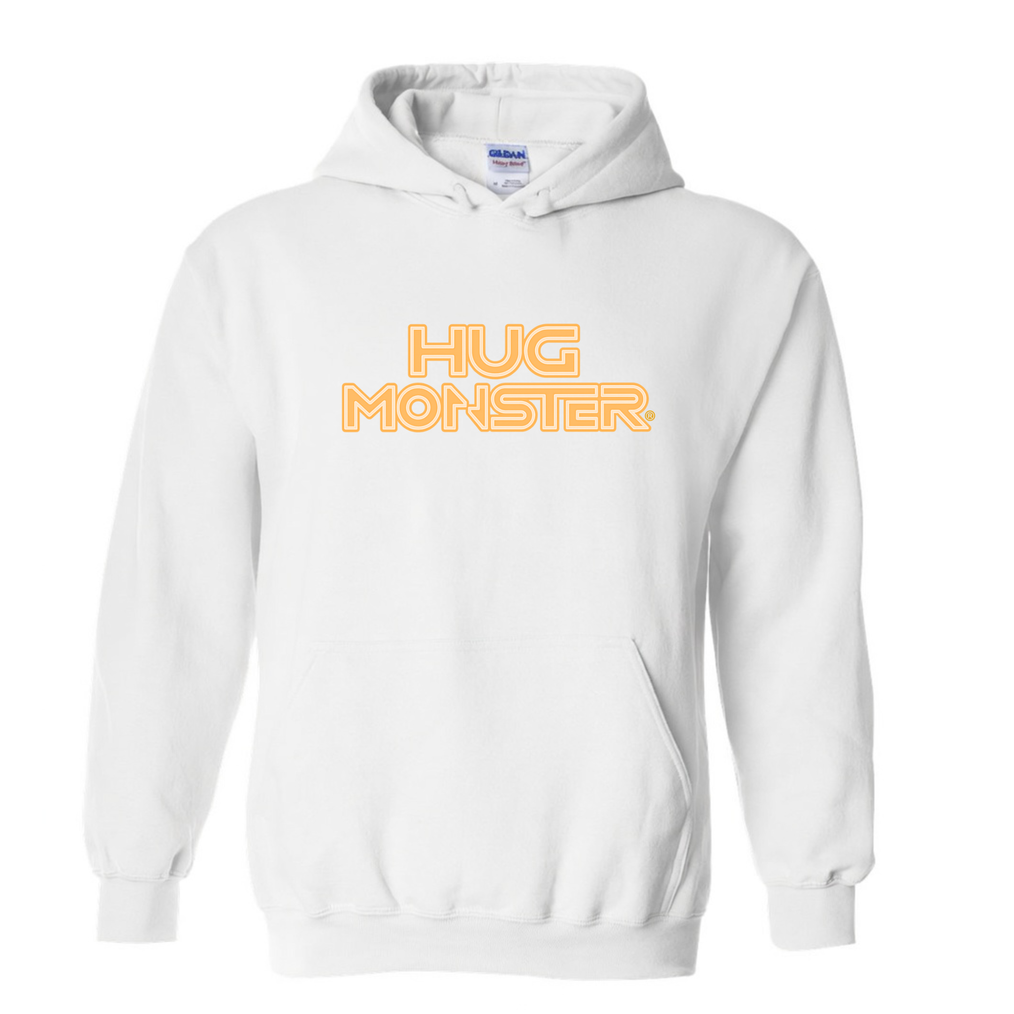 Hug Monster Electric Grid (Yellow Logo) graphic hoodie in White cozy fleece positive message sweatshirt