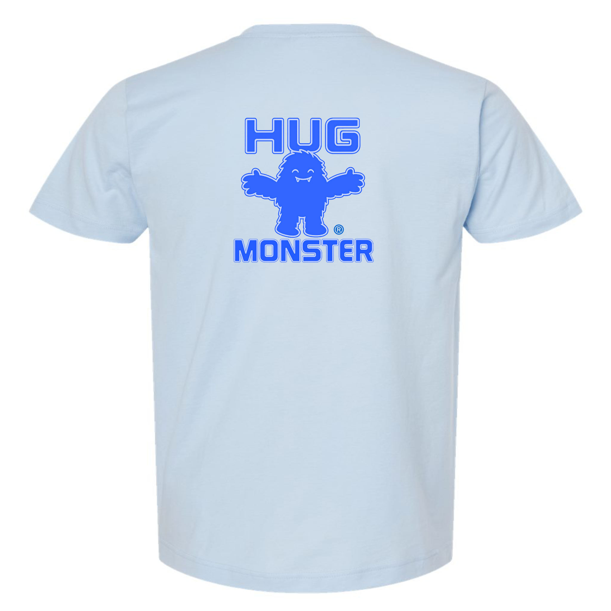 Hug Monster Giant Retro Monster Hugs (Blue Logo) T-Shirt - Positive Message Graphic Tee in Baby Blue – Back View