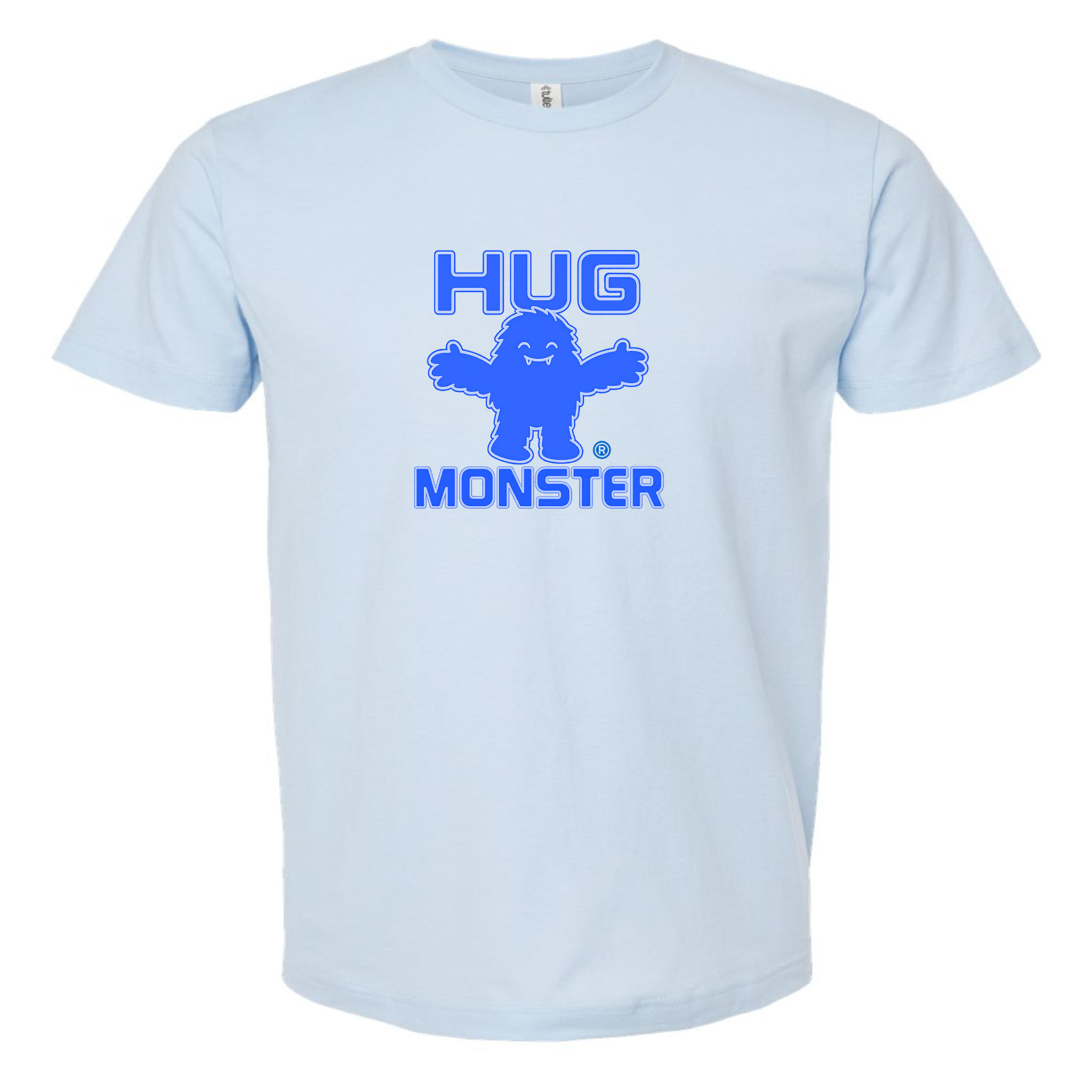 Hug Monster Giant Retro Monster Hugs (Blue Logo) T-Shirt - Positive Message Graphic Tee in Baby Blue – Front View
