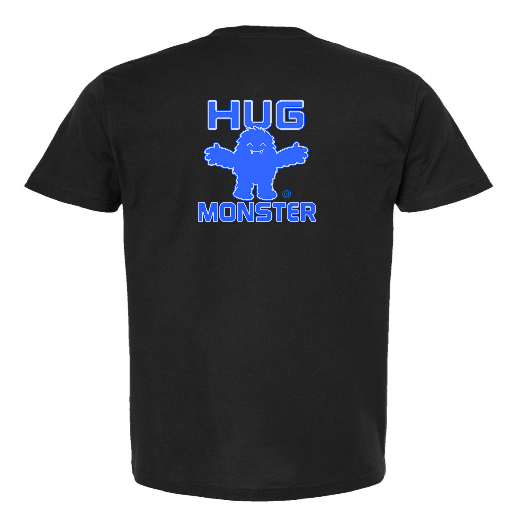 Hug Monster Giant Retro Monster Hugs (Blue Logo) T-Shirt - Positive Message Graphic Tee in Blackl – Back View