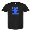 Hug Monster Giant Retro Monster Hugs (Blue Logo) T-Shirt - Positive Message Graphic Tee in Blackl – Front View